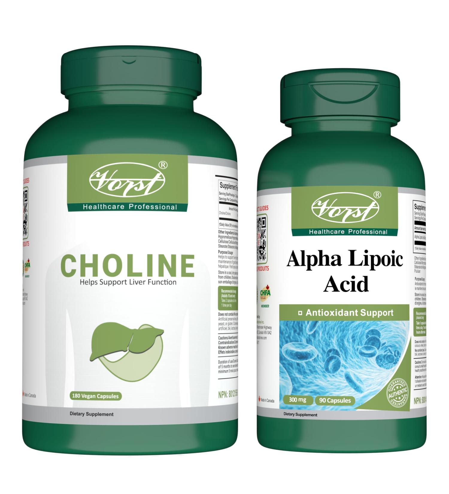 VORST Choline Bitartrate 180 Vegan Capsules and Alpha Lipoic Acid 300mg 90 Capsules (Combo Bundles 2 Bottles)