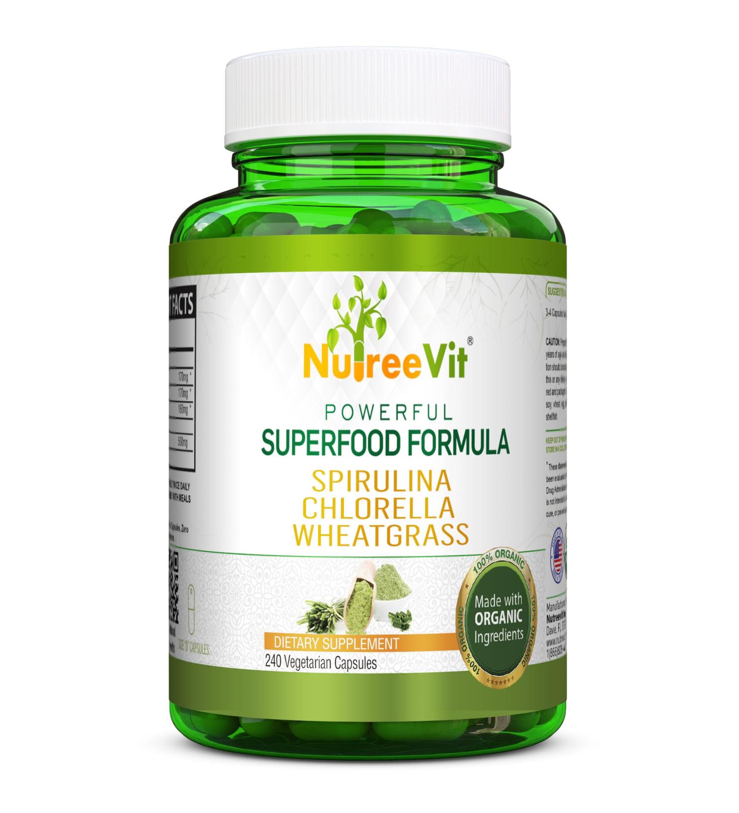 NutreeVit Pure 100% Organic Spirulina + Chlorella + Wheatgrass - Powerful Superfood - Veggie Capsules | 500mg 240 Count (Pack of 1) - Buy Online on GoSupps.com