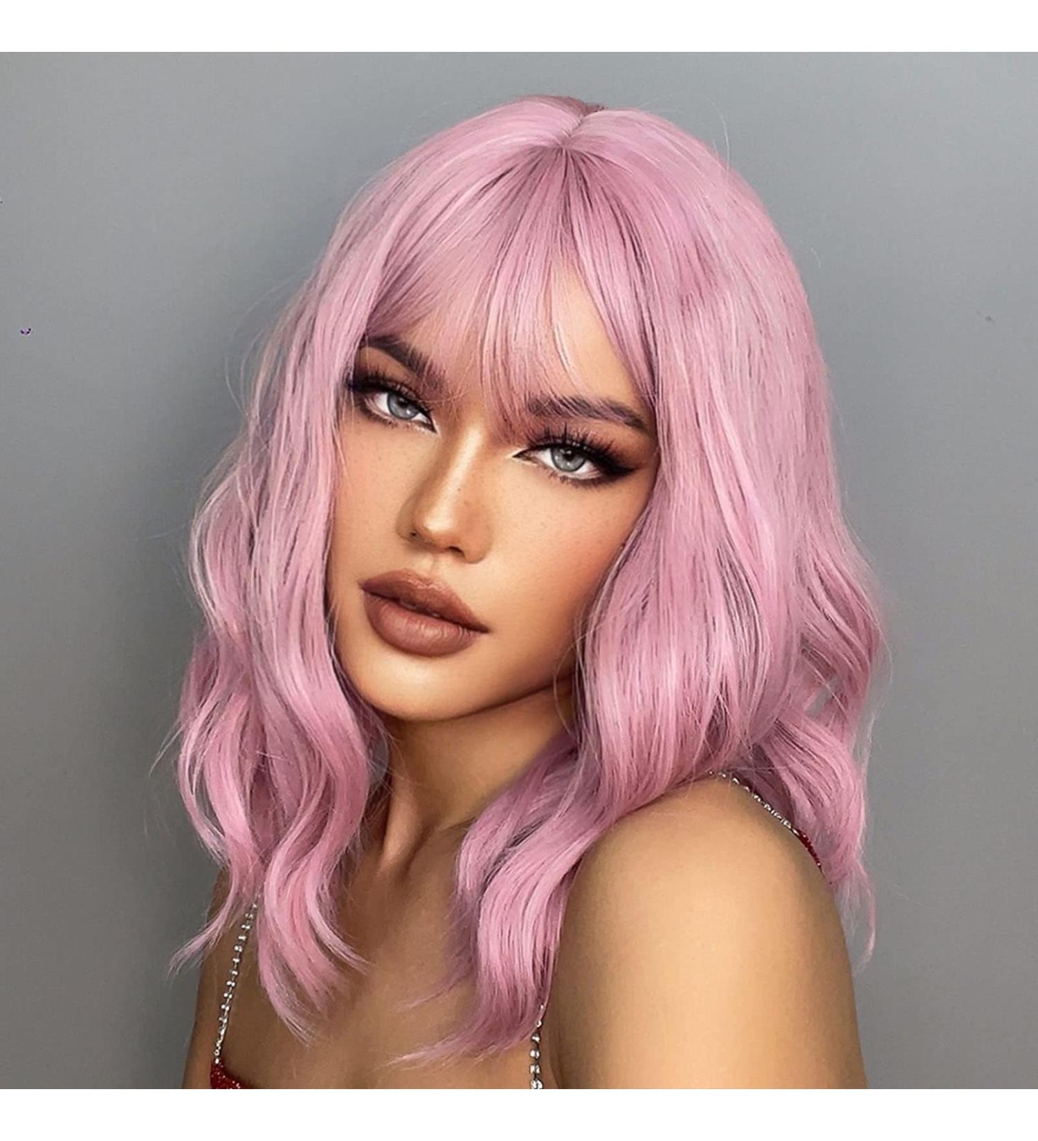 Pretty Pink Short Wavy Bob Wig with Air Bangs - Shoulder Length Party Cosplay Fancy Dress Wig for Women (Pink) - Buy Online on GoSupps.com