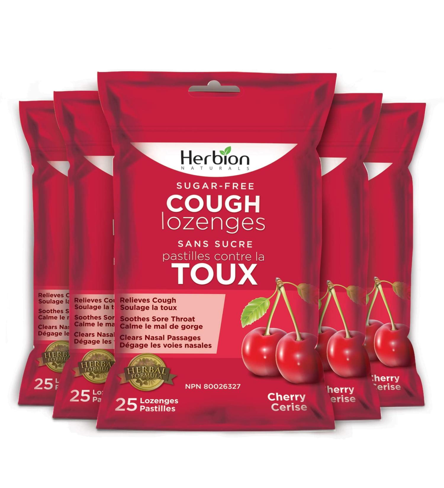 Herbion Naturals Sugar-Free Cough Lozenges with Natural Cherry Flavour 25 Lozenges - Relieves Cough and Nasal Congestion Soothes Sore Throat For Adults and Children 12 years and above (Pack of 5 125 Lozenges) - Buy Online on GoSupps.com
