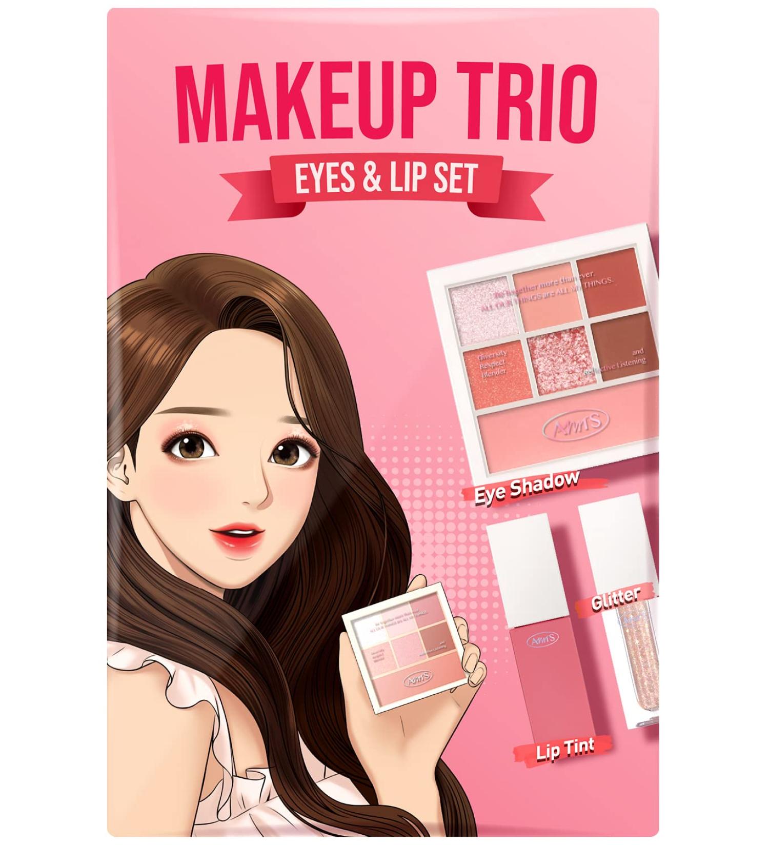 AMTS x True Beauty Makeup Edition Trio Set - 7 Colors Eyeshadows, Liquid Glitter, Lip Stain Tint | Matte Shimmer Shades, Highly Pigmented, Long Lasting | All in One Pink Makeup Palette - Buy Online on GoSupps.com