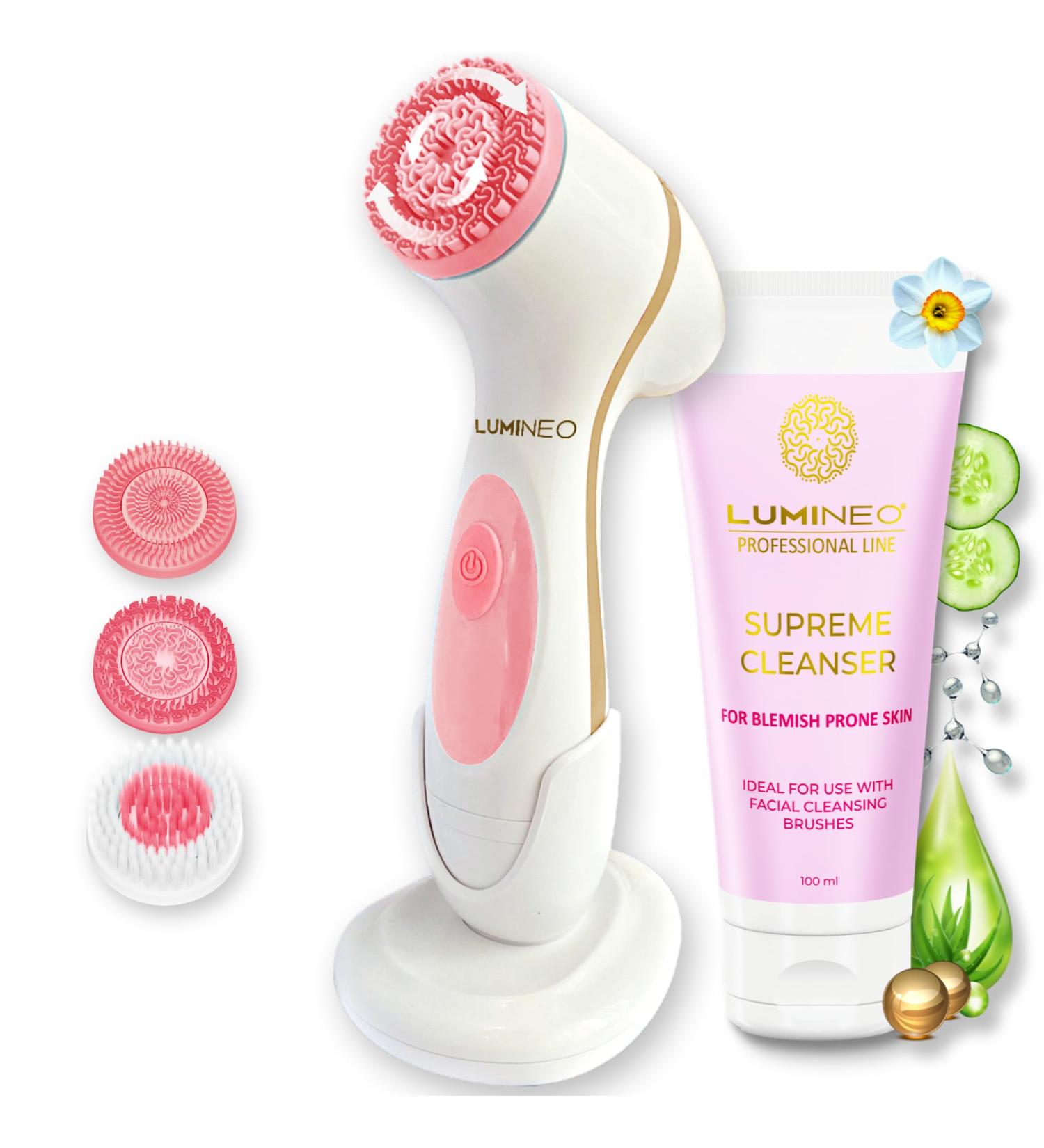 Lumineo Blemish Skin Facial Cleansing Brush - Electric USB with 3 Silicone Heads & Cleansing Gel - Pink for Acne-Prone Oily Skin - Buy Online on GoSupps.com