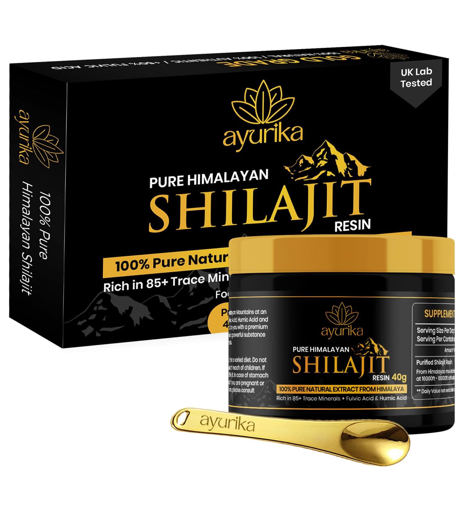 Organic Shilajit Resin 40g Jar with Spoon - Pure Himalayan Supplement - Gold Grade - 60% Fulvic Acid, 85 Trace Minerals - Buy Online on GoSupps.com