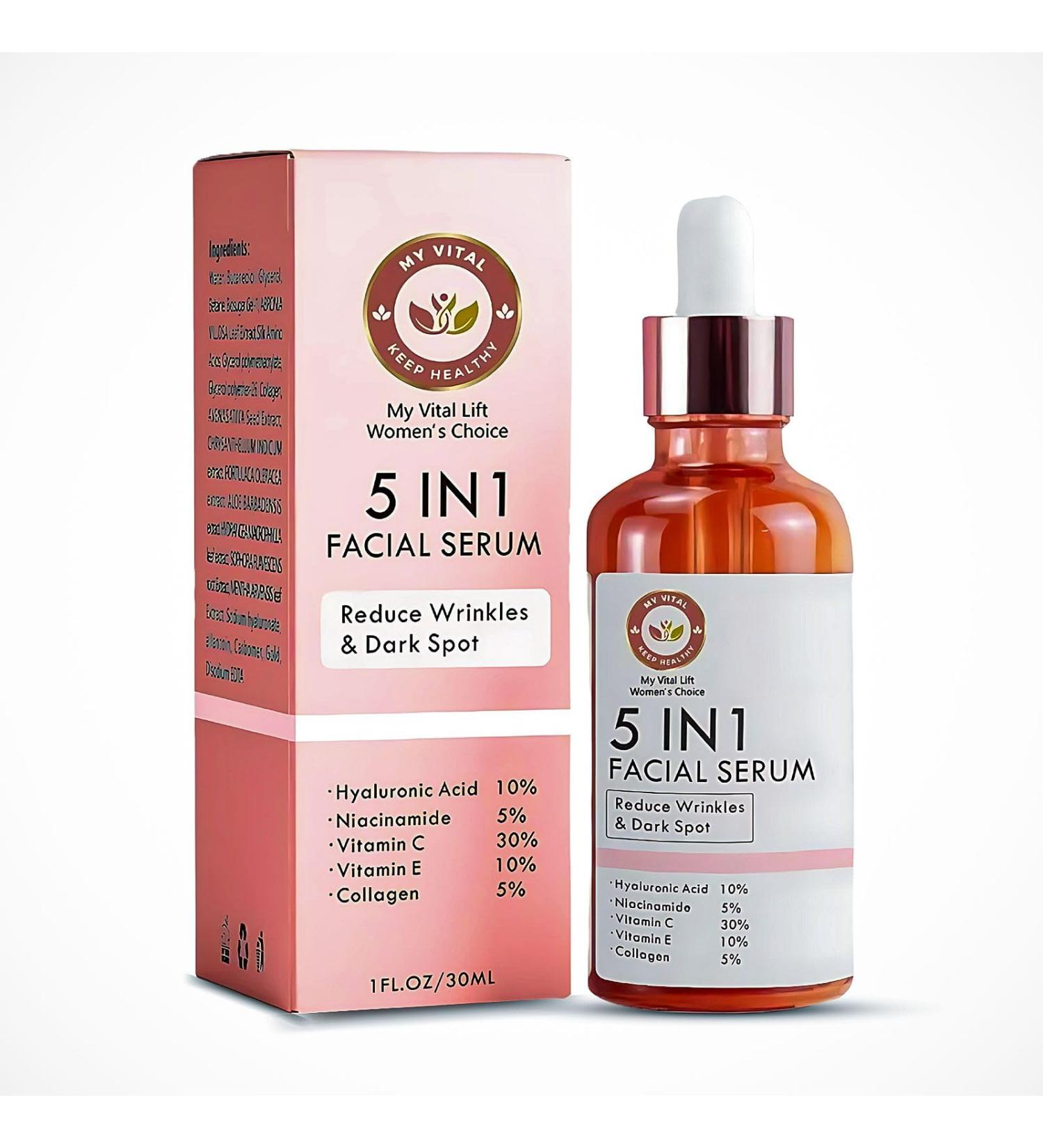 5in1 facial serum antiaging facial serum with vitamin C hyaluronic acid vitamin E brightening serum for dark spots even skin tone eye area fine lines and wrinkles 30 ml - Buy Online on GoSupps.com