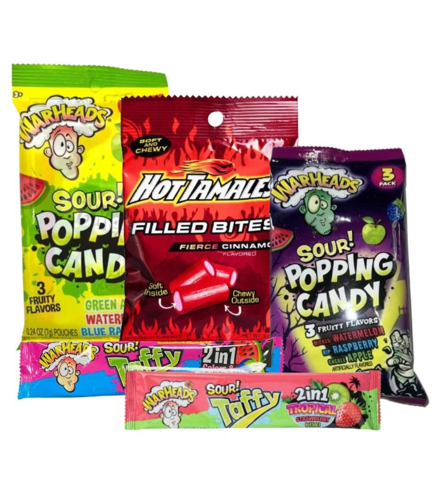 War-heads Sour Popping Candy Apple Watermelon and Raspberry Sour Taffy 2in1 Tropical Strawberry 2in1 Colors and Flavors and Hot Tamales Filled Pop Variety Pack (Pack of 01) - Buy Online on GoSupps.com