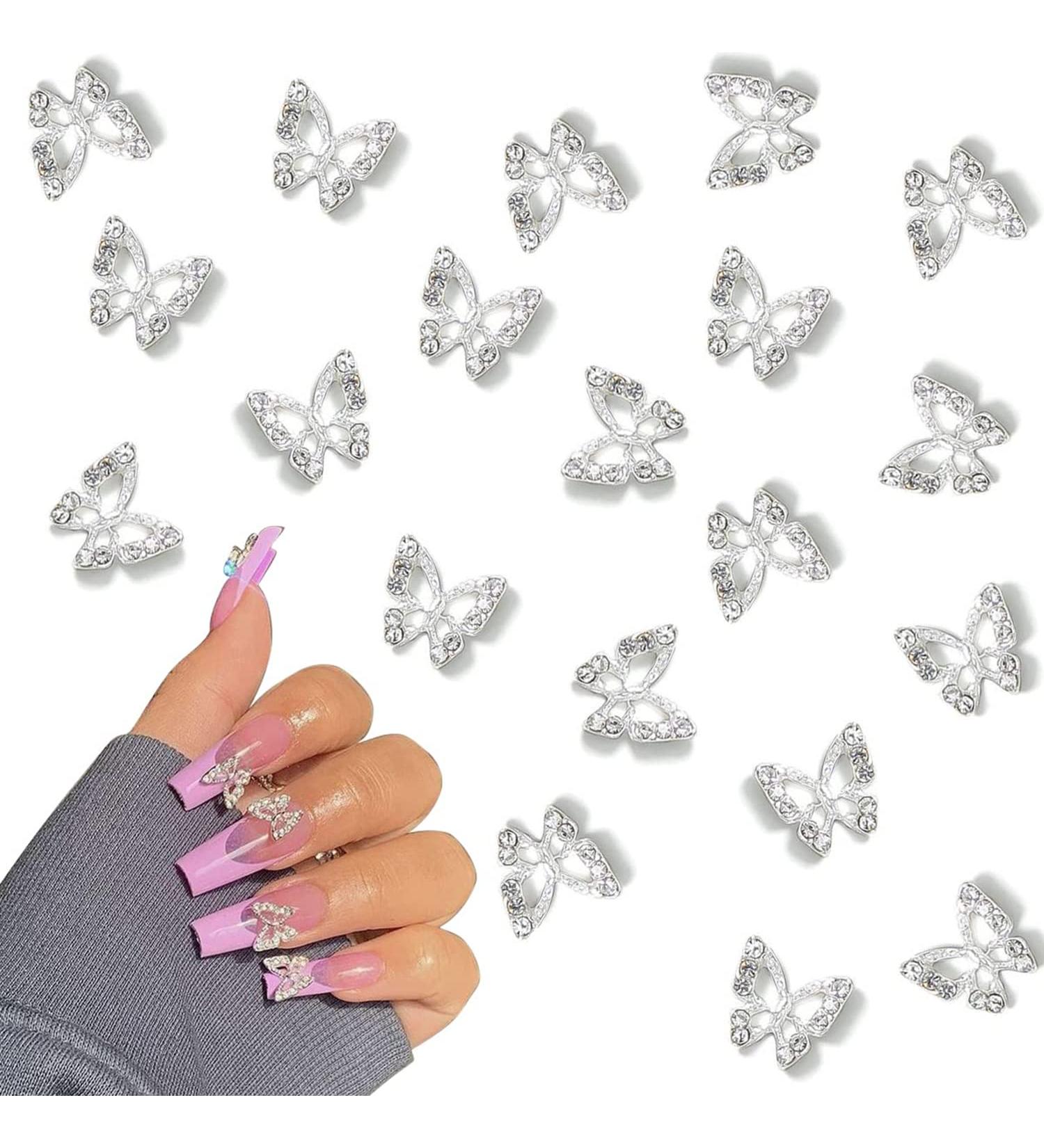 3D Alloy Butterfly Nail Charms - 20pcs Metal Rhinestones & Crystal Gems for DIY Manicure - Silver Nail Art Decoration Supplies for Women - Buy Online on GoSupps.com