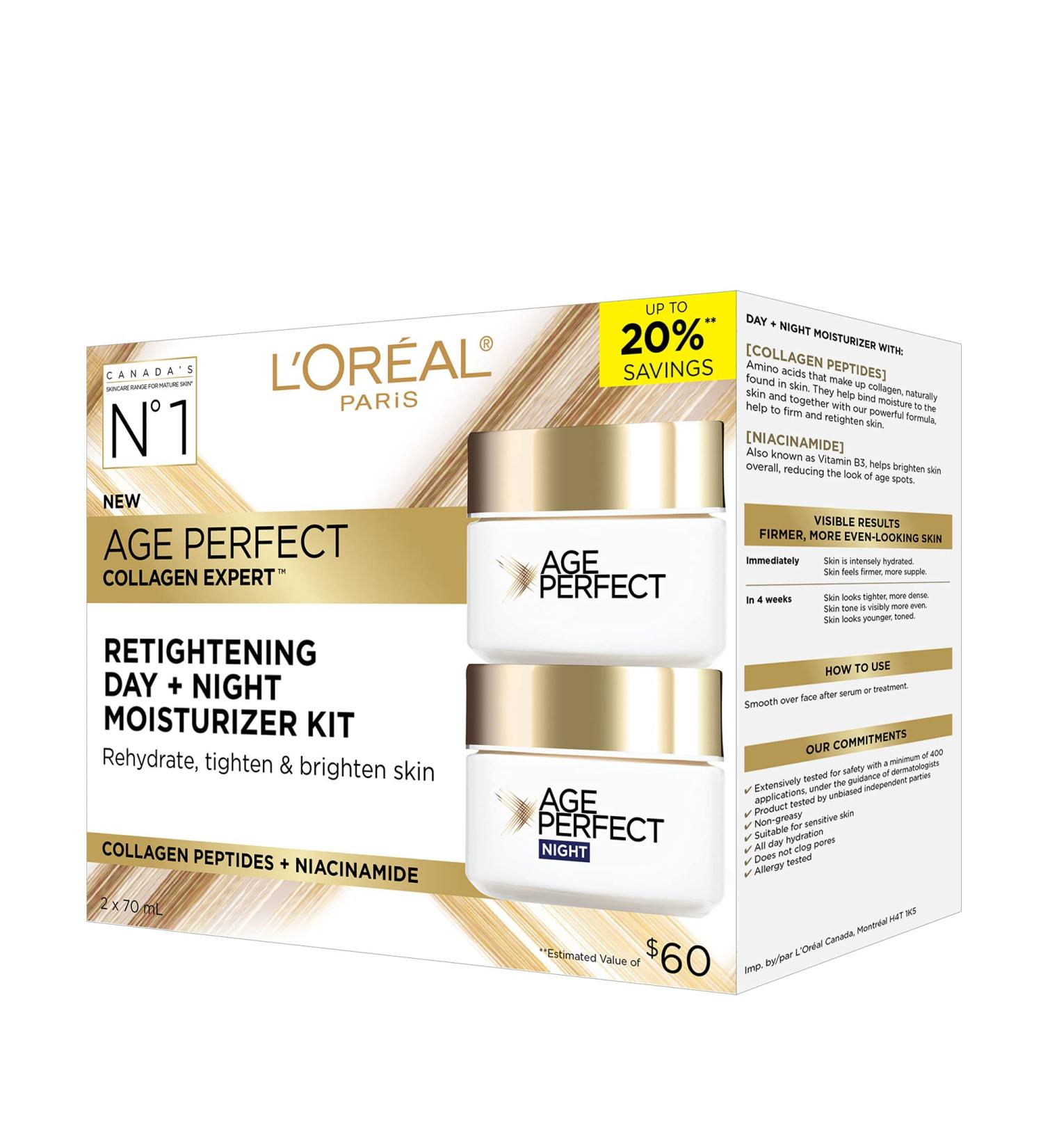 L'Or al Paris Day & Night Face Moisturizer Cream Skincare Kit (2-Piece) Age Perfect Collagen Expert with Collagen Peptides + Niacinamides For Mature Skin Suitable for Sensitive Skin Skincare kit 2 x 70 ml - Buy Online on GoSupps.com