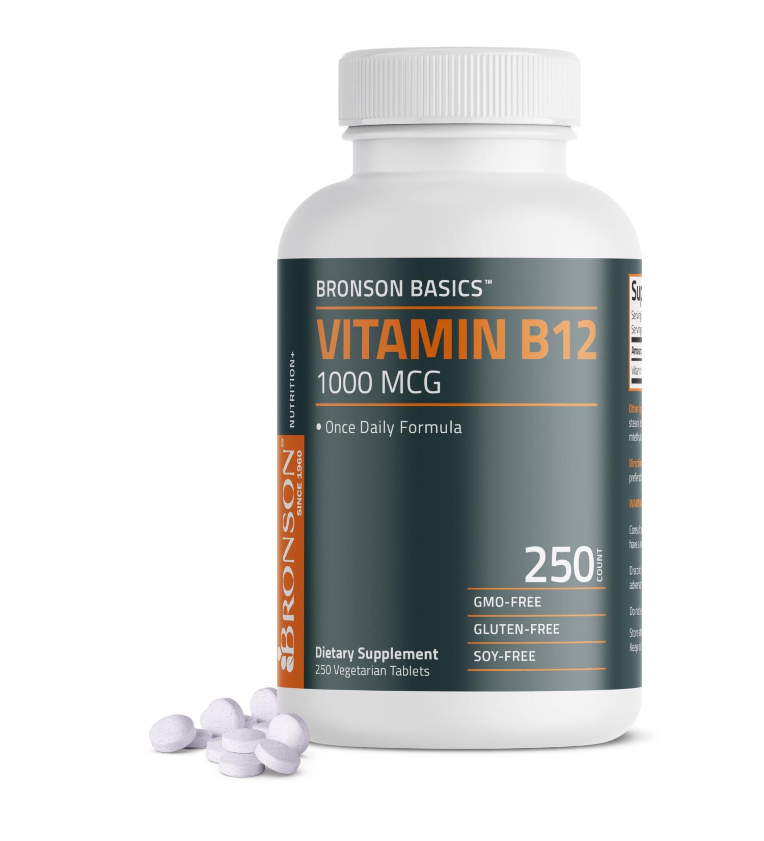 Bronson Vitamin B12 1000mcg Once Daily Formula Non-GMO, 250 Vegetarian Tablets - Buy Online on GoSupps.com