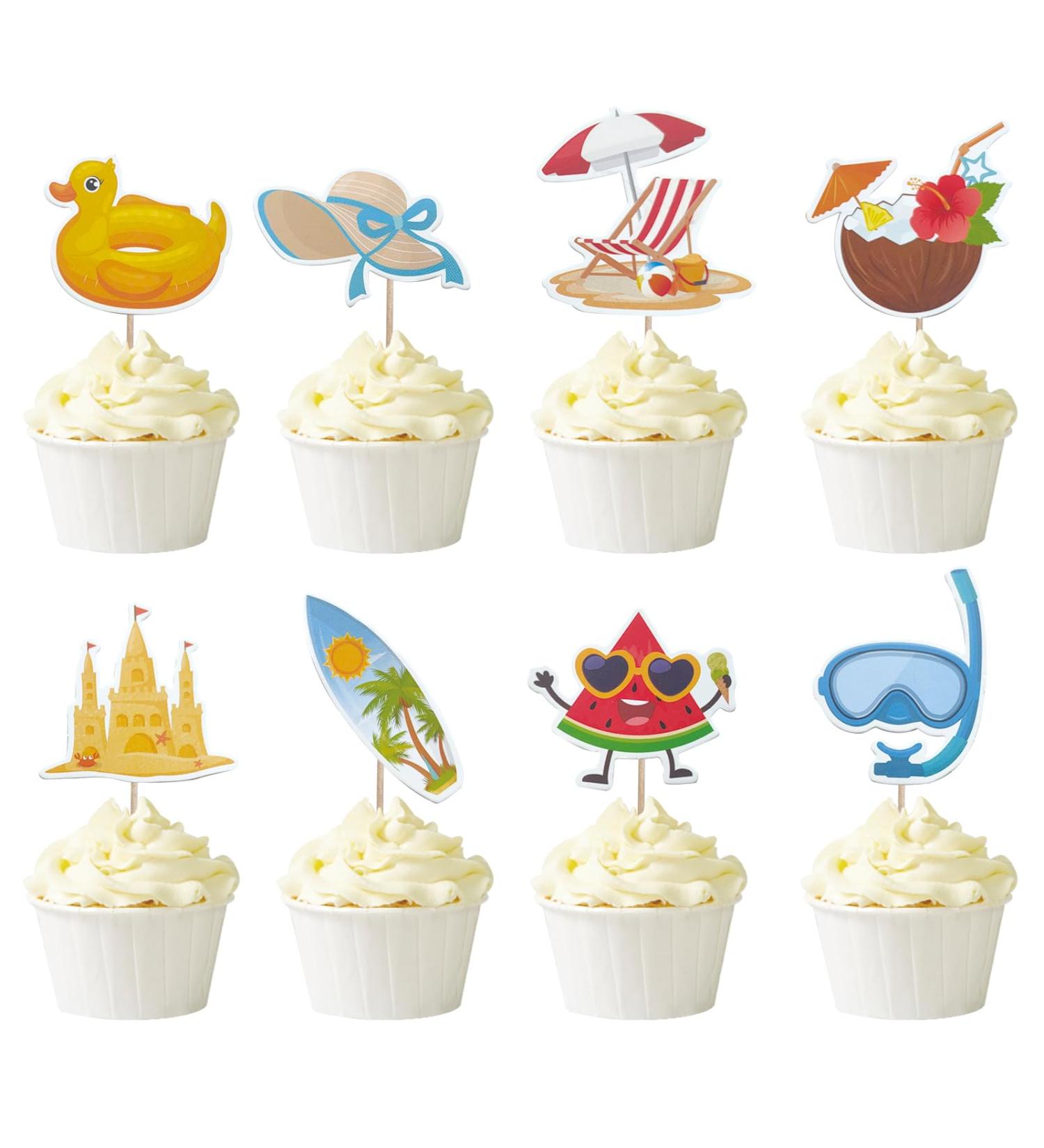 Mulukaya 32Pcs Summer Beach Themed Cupcake Toppers Sun Hat Surfboard Watermelon Goggles Treat Cake Picks for Pool Beach Birthday Hawaii Wedding Graduation Travel Party Decorations - Buy Online on GoSupps.com