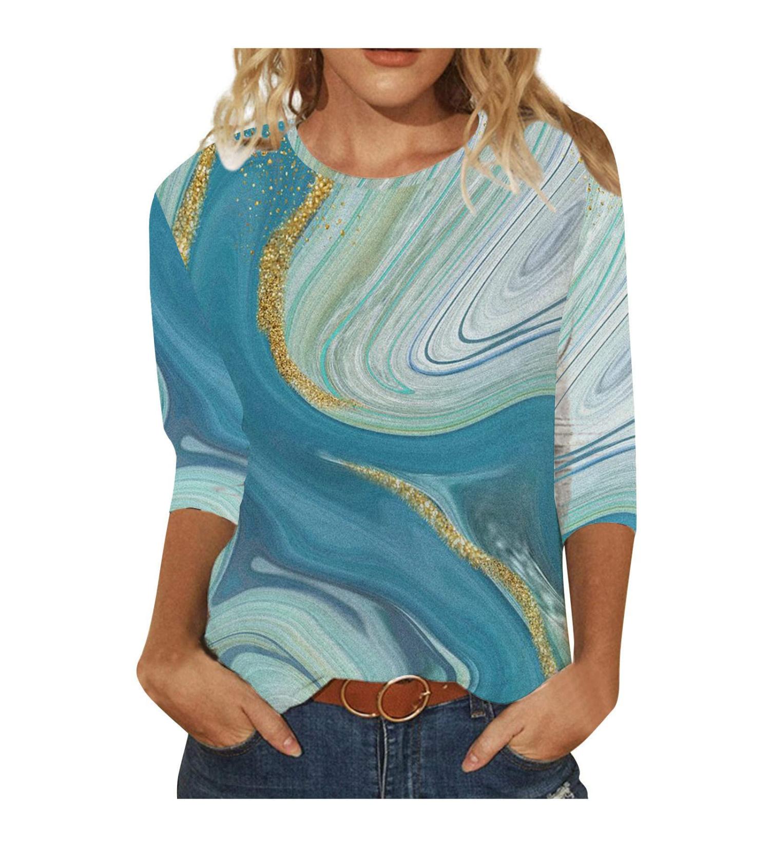 oelaio Womens 3/4 Sleeve Tops Trendy Casual Summer Cute Print Round Neck T Shirts Fashion 2023 Loose Blouses Plus Size Tunics Sky Blue Medium - Buy Online on GoSupps.com
