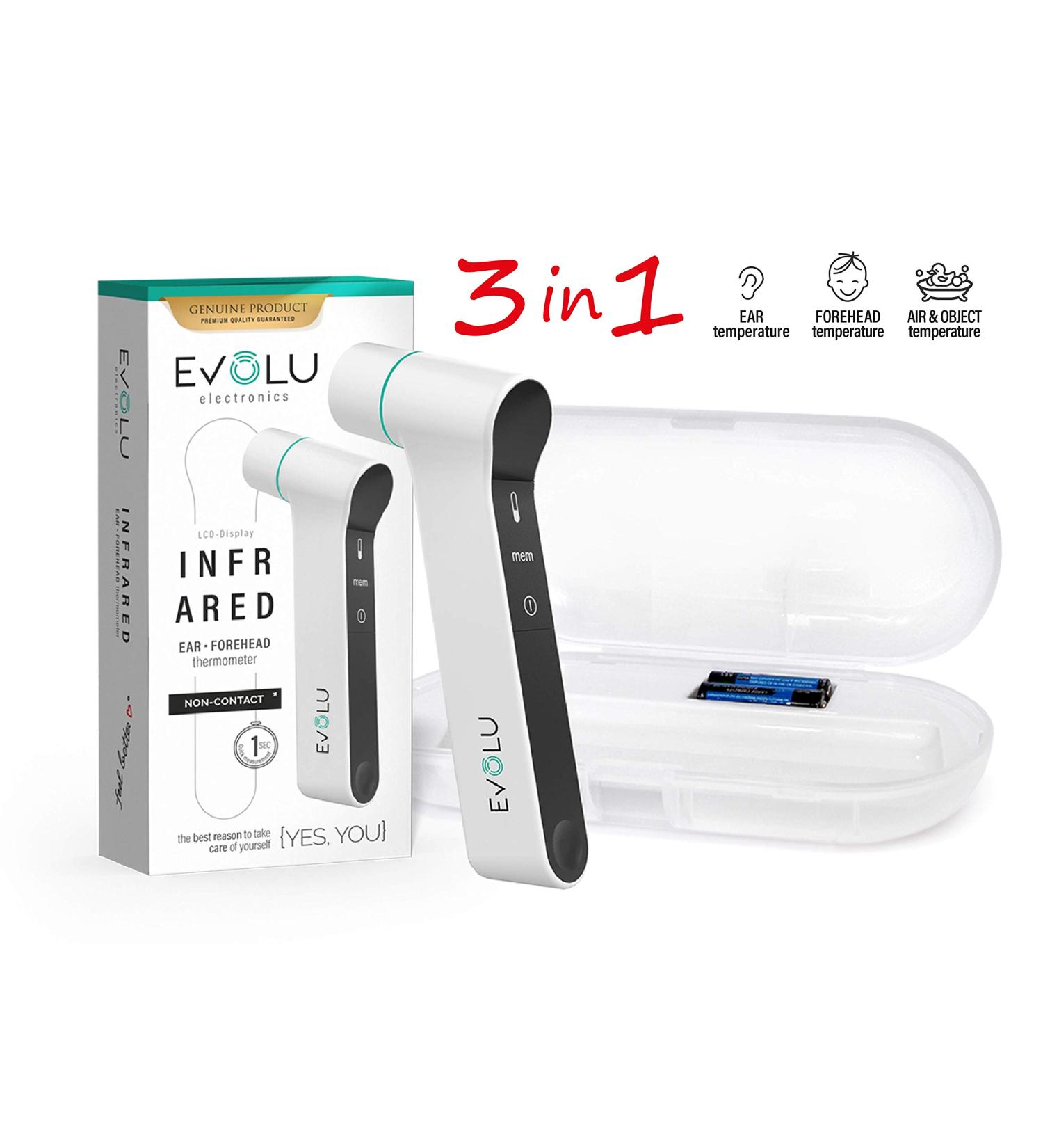 Evolu Contactless Infrared Thermometer for Babies Children & Adults - Digital Ear & Forehead Fever Thermometer with Silent Mode & Alarm - Buy Online on GoSupps.com
