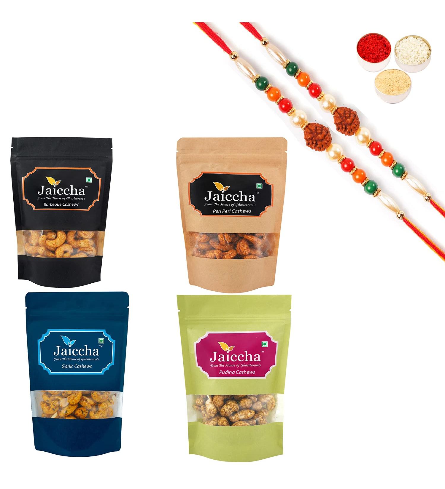 Jaiccha Ghasitaram Rakhi Gifts for Brothers Rakhi Dryfruits - Pack of 4 Garlic Peri Peri Pudina Barbeque Cashews Pouches Small 400 GMS with 2 Rudraksh rakhis - Buy Online on GoSupps.com
