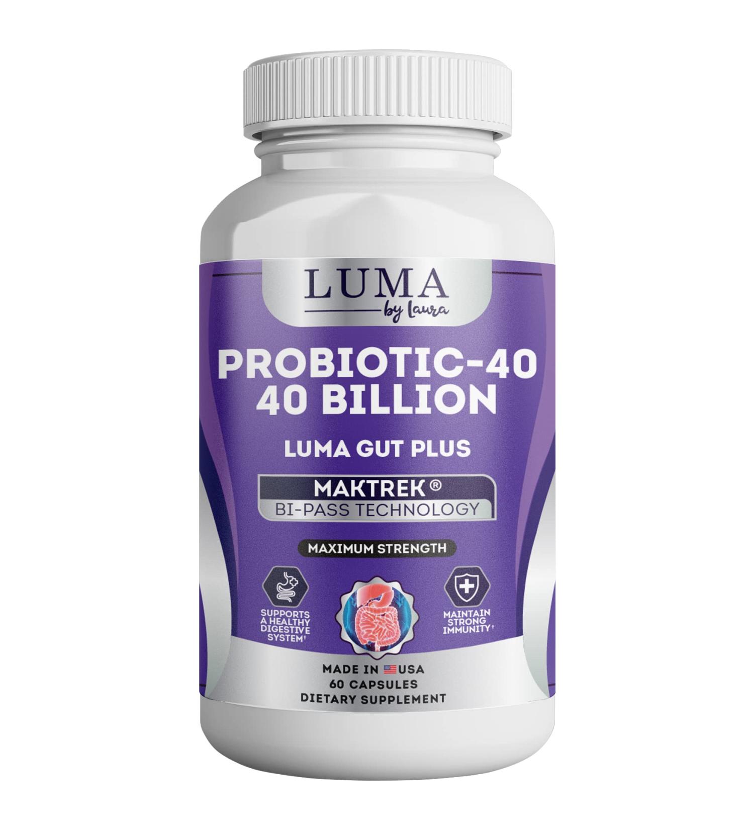 Luma By Laura Adult Probiotics 40 Billion CFU for Stomach Acid Resistant - Maximum Potency for Gut Health & Immune Support - No Dairy Gluten Wheat Yeast - 60 Veggie Capsules - Buy Online on GoSupps.com