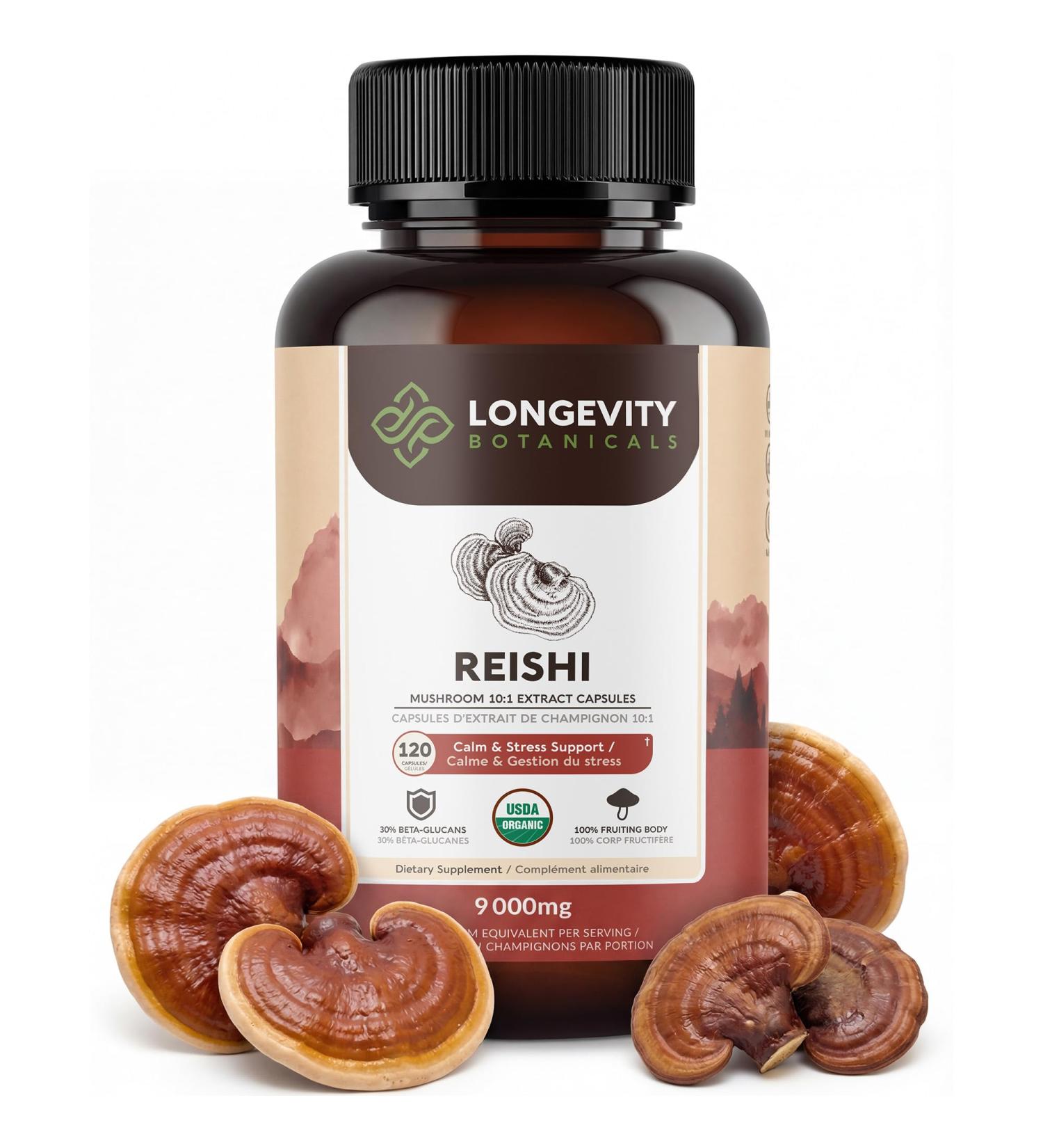 Organic Reishi Mushroom Capsules Supplement (120) | Pure Fruiting Body 10:1 High Strength Extract | 30% Beta-D Glucans | 9 000mg Raw Equivalent Per Serving | Calm Sleep & Stress Support - Buy Online on GoSupps.com