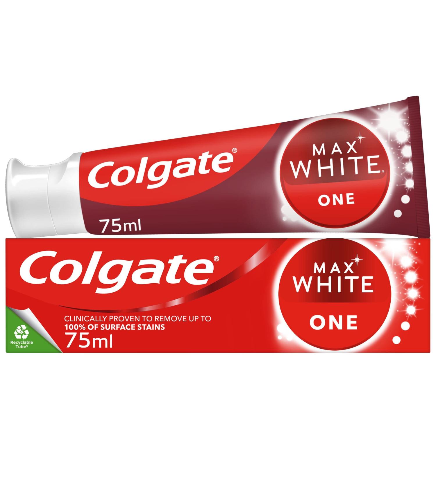 Colgate Max White One Toothpaste 75 ml teeth whitening toothpaste with clinically proven formula removes up to 100% of surface stains contains whitening accelerators  - Buy Online on GoSupps.com