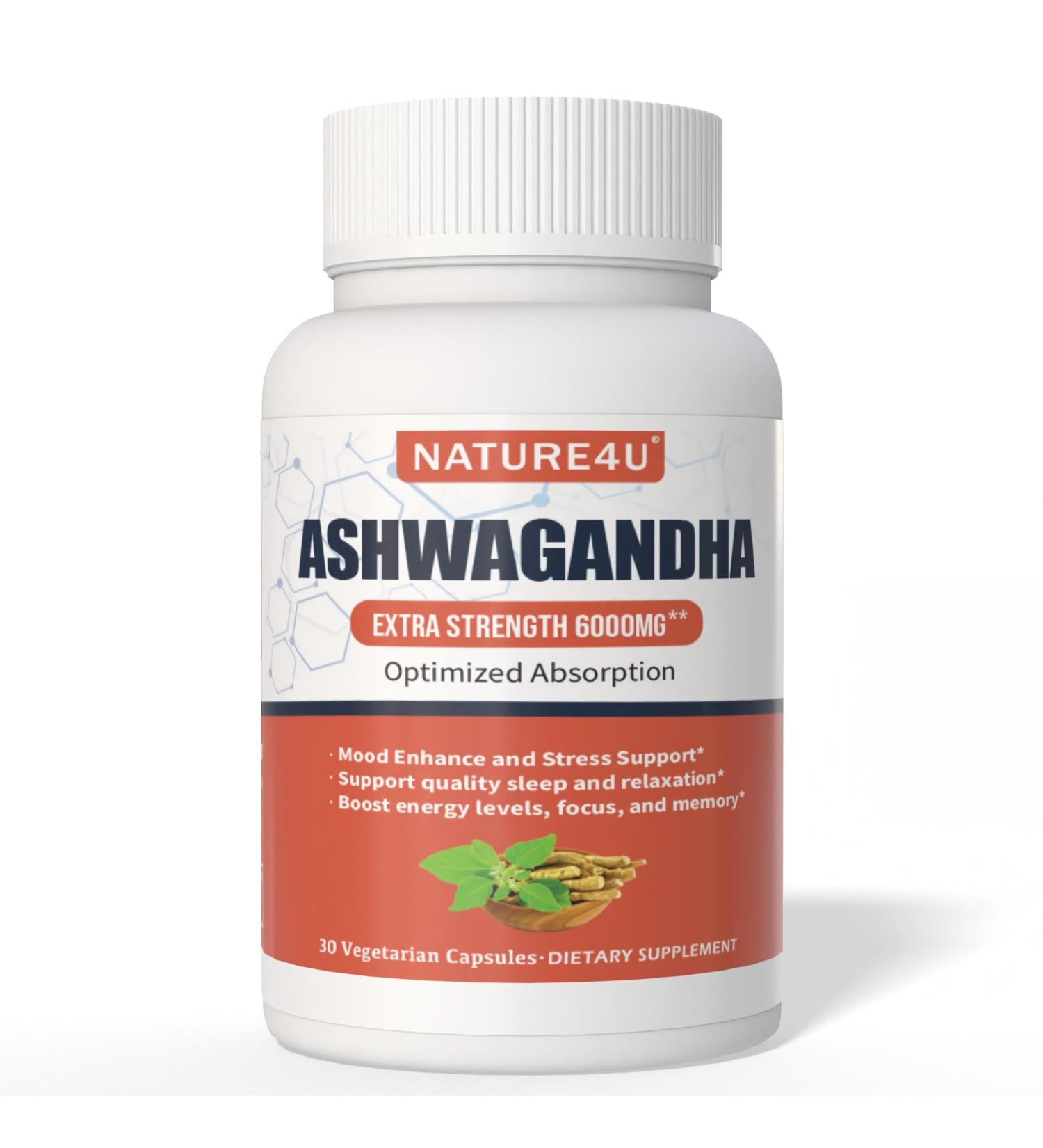 Nature4U Ashwagandha 6000mg Maximum Strength Optimized Absorption with Black Pepper and Ginger Root Natural Adaptogen Mood & Stress Support Sleep & Energy Support 30 Vegan Capsules 1 Month - Buy Online on GoSupps.com