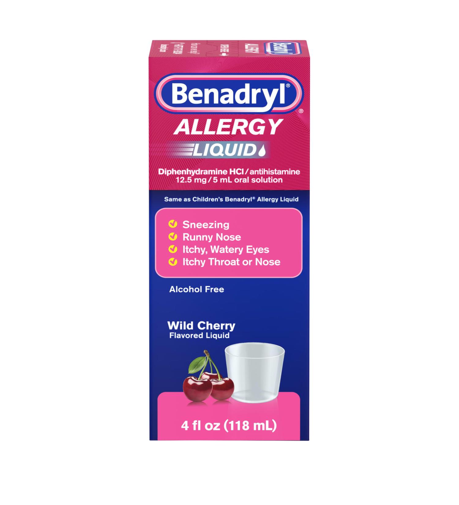 Benadryl Allergy Medicine Liquid Diphenhydramine HCl Antihistamines for Adults Alcohol-Free Hay Fever Allergy Relief for Sneezing Runny Nose Itchy & Watery Eyes Wild Cherry 4 fl oz - Buy Online on GoSupps.com