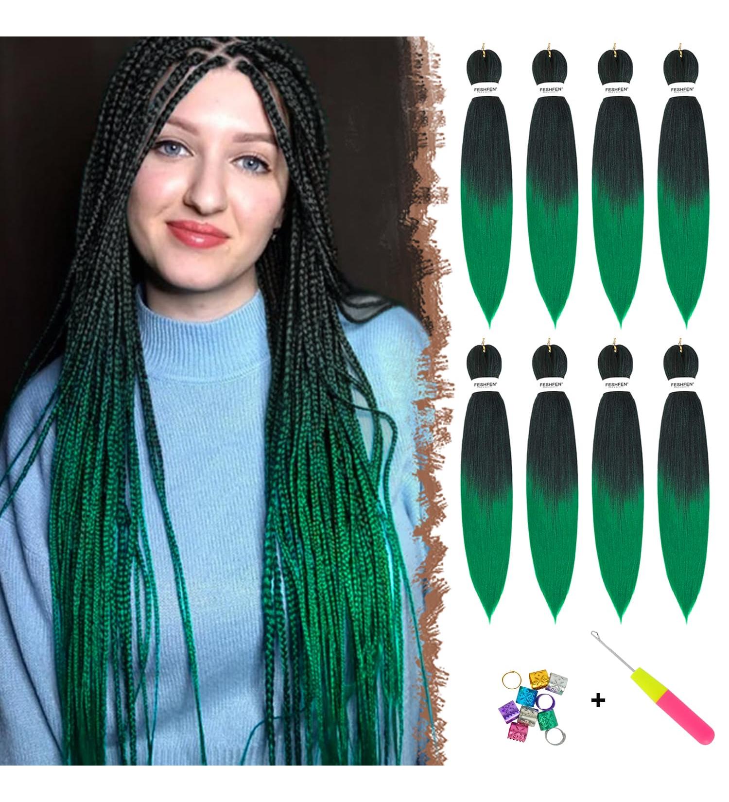 Feshfen Pre-Stretched Braiding Hair Extensions - 65 cm Yaki Texture - 8 Pieces - Black to Green (1BT/Green) - Synthetic EZ Braiding Hair - Buy Online on GoSupps.com
