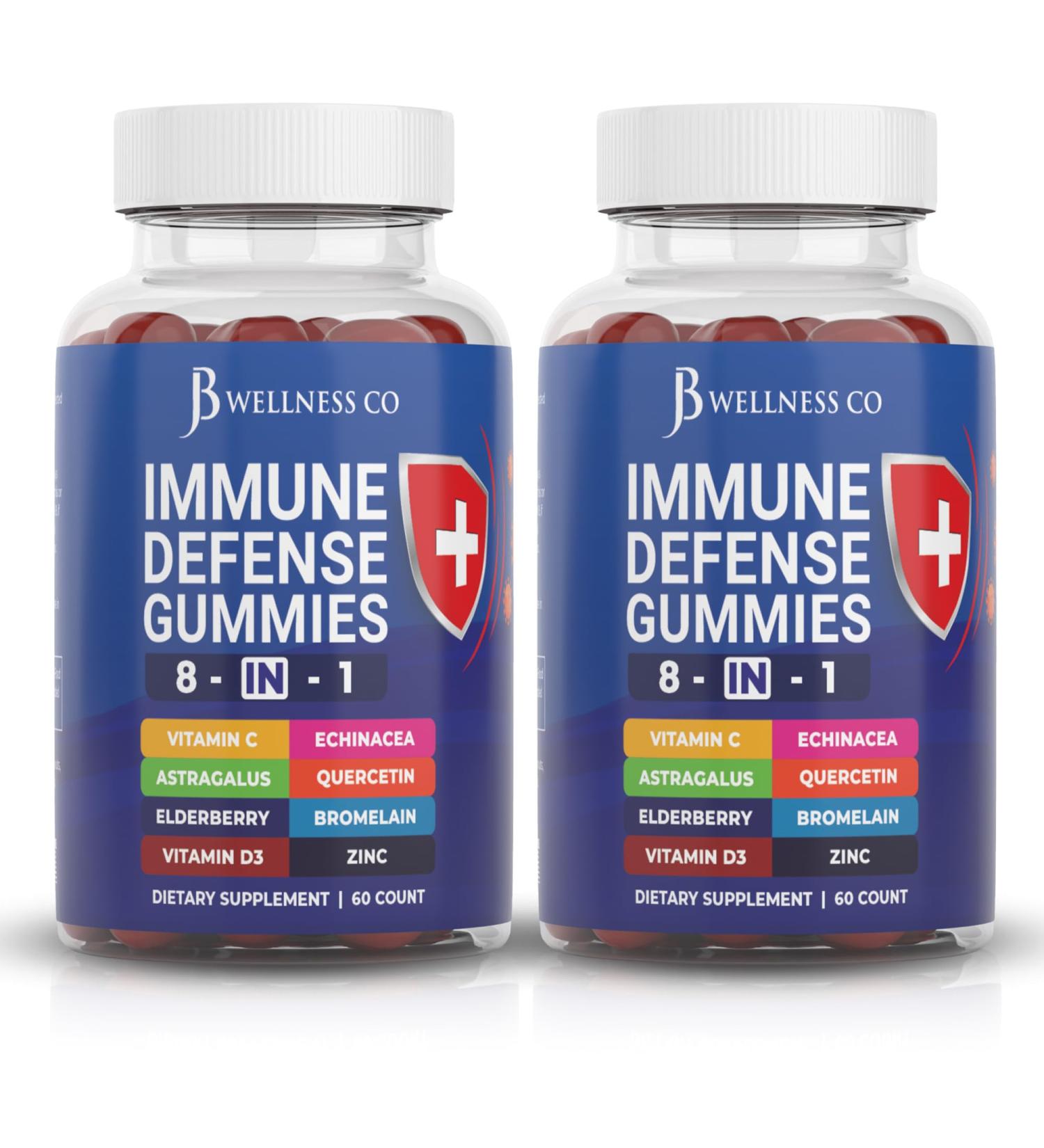 JB Wellness Co 8 in 1 Immune Defense Booster Supplement Gummies with Astragalus Root Vitamin C and Zinc Vitamin D3 Elderberry and Quercetin (2 Pack) - Buy Online on GoSupps.com