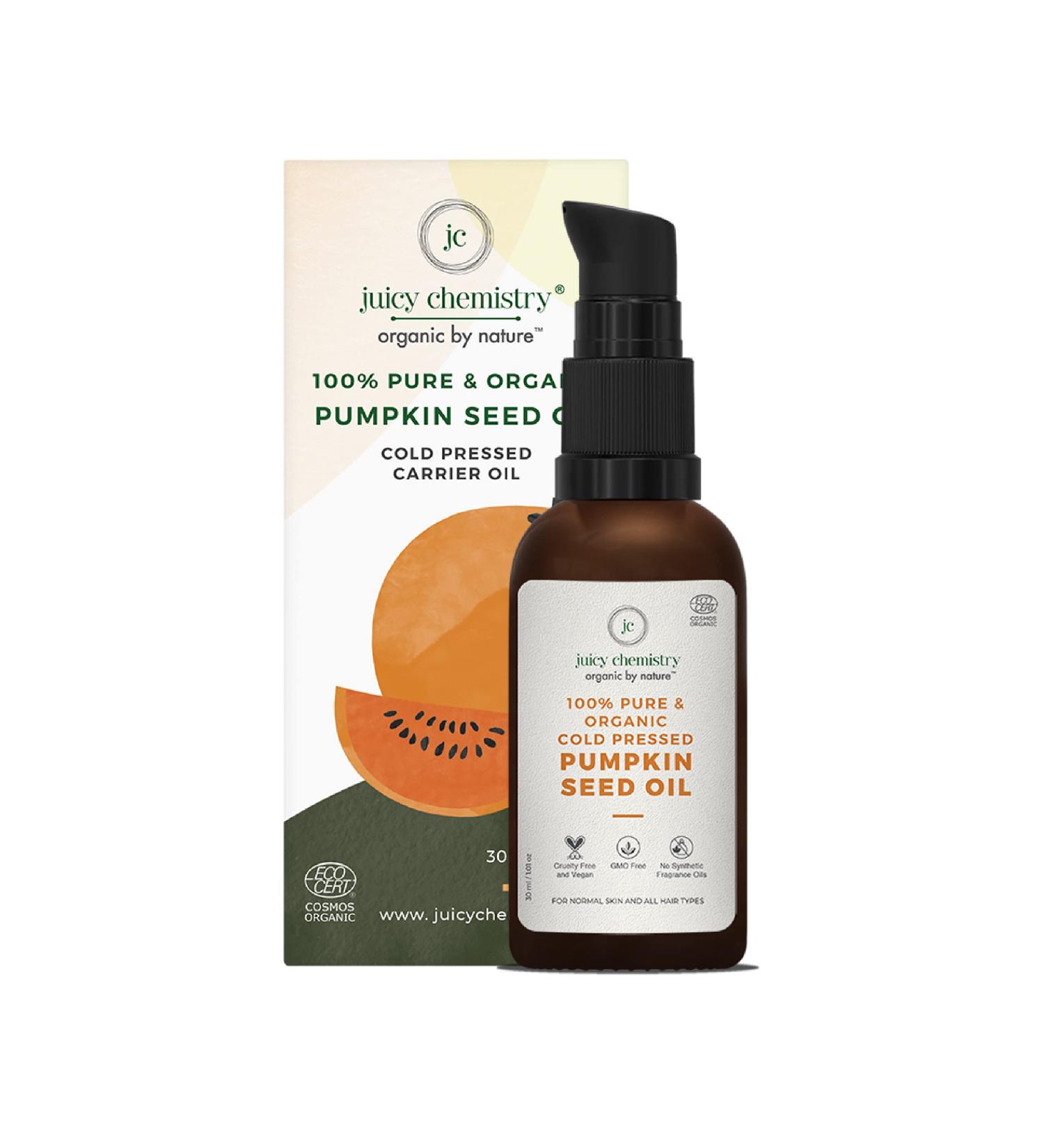 Juicy Chemistry Organic Cold Pressed Pumpkin Seed Oil - 30ml for Hair Growth & Skin Healing | 100% Natural Carrier Oil - Buy Online on GoSupps.com