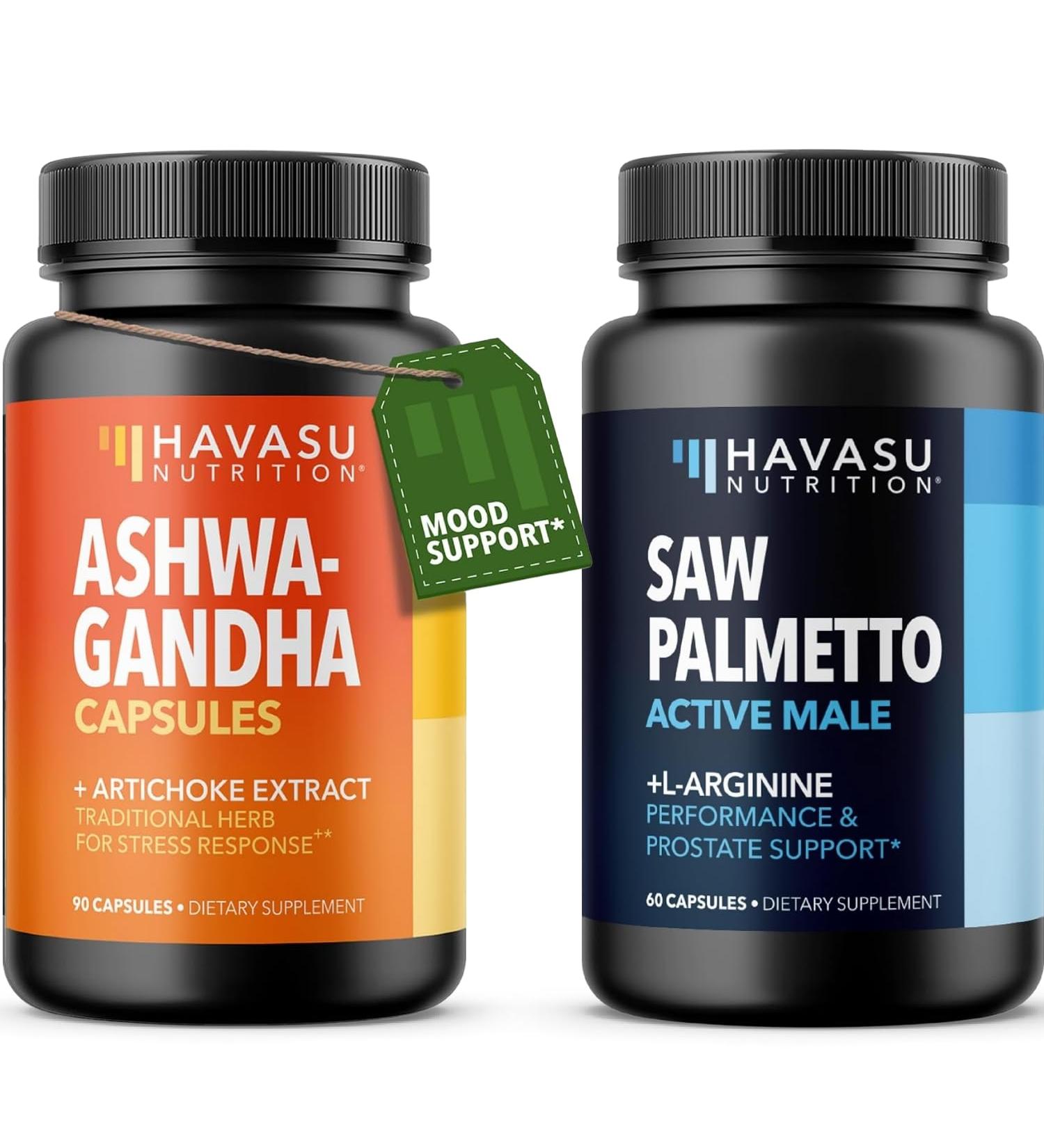 HAVASU NUTRITION High Strength Ashwagandha Supplement Capsules (45 Servings) & Saw Palmetto 500mg L-Arginine 500mg Complex (30 Servings) - Buy Online on GoSupps.com
