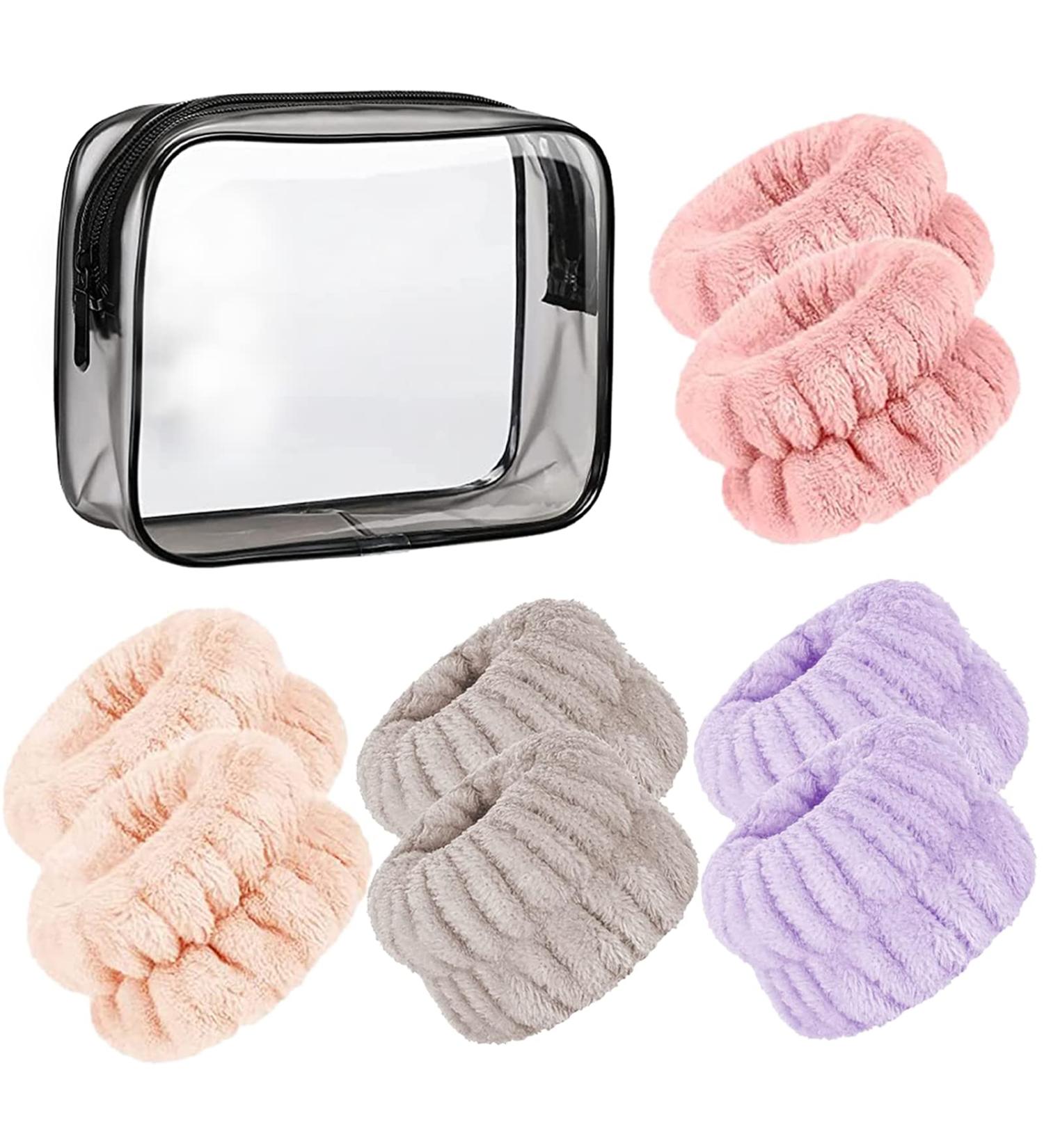 8PCS Microfiber Spa Wrist Washband Towels for Women - Elastic Absorbent Wristbands with Toiletry Bags in Beige, Rose, Brown, Purple - Buy Online on GoSupps.com