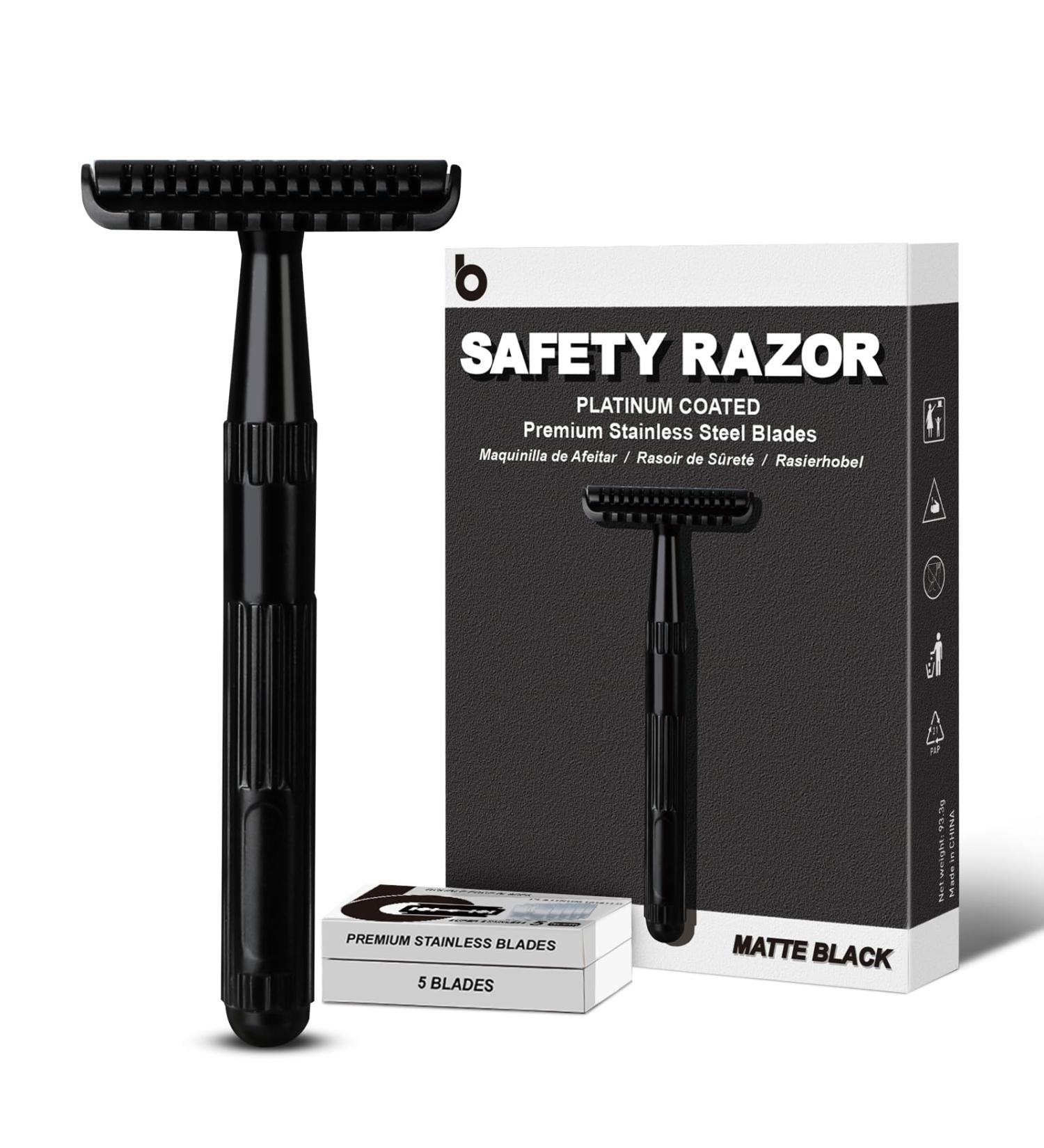Matte Black Safety Razor Eco-Friendly Single Blade Razors for Men & Women | Includes 10 Double Edge Blades | Perfect for Long Hair & Zero Waste Grooming - Buy Online on GoSupps.com