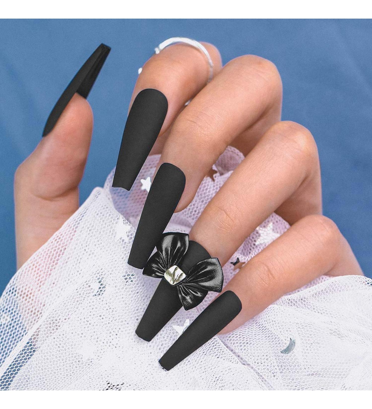 Sethexy Long Black Ballerina Nails - 24pcs Matte Coffin Press-On Acrylic Nail Tips with Glue | Stylish Bowknot Design for Women & Girls - Buy Online on GoSupps.com