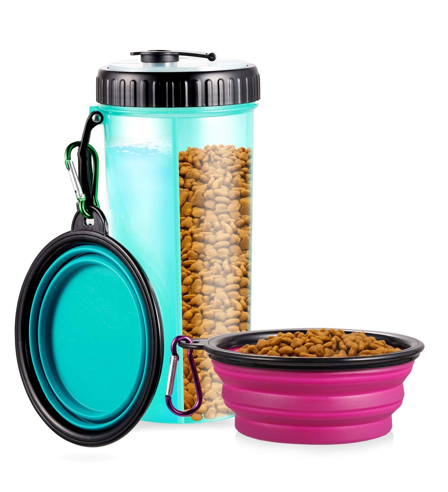 Womgf 2-in-1 Dog Water Bottle & Food Container - 800ml with 2 Folding Bowls - Pet Travel Bottle (Blue) - Ideal for Dogs - Buy Online on GoSupps.com