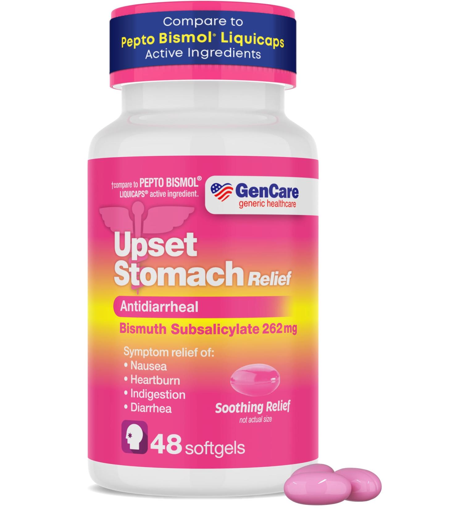 GenCare Upset Stomach Relief 48 Softgels Bismuth Subsalicylate 262 mg Antidiarrheal Medication Acid Reflux Medicine for Nausea Heartburn & Indigestion Relief Generic for Pepte Bismol Tablets - Buy Online on GoSupps.com