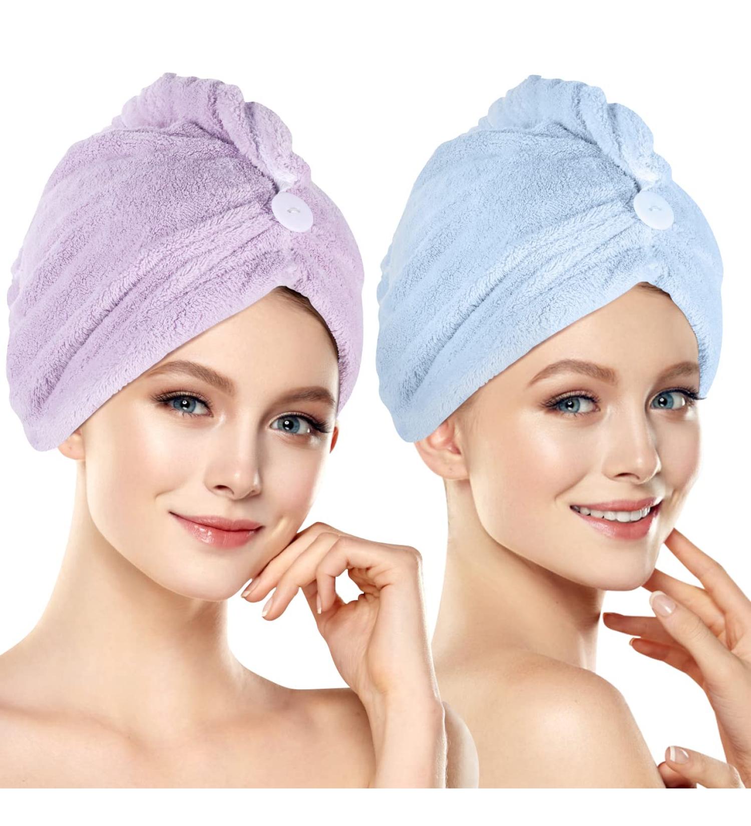 Hair Drying Towel Wraps 2 Pack Microfibre Towel Twist Turban with Button Design Super Absorbent Quick Drying Hair Towel for Curly/Long/Thick Hair Two Colors - Buy Online on GoSupps.com