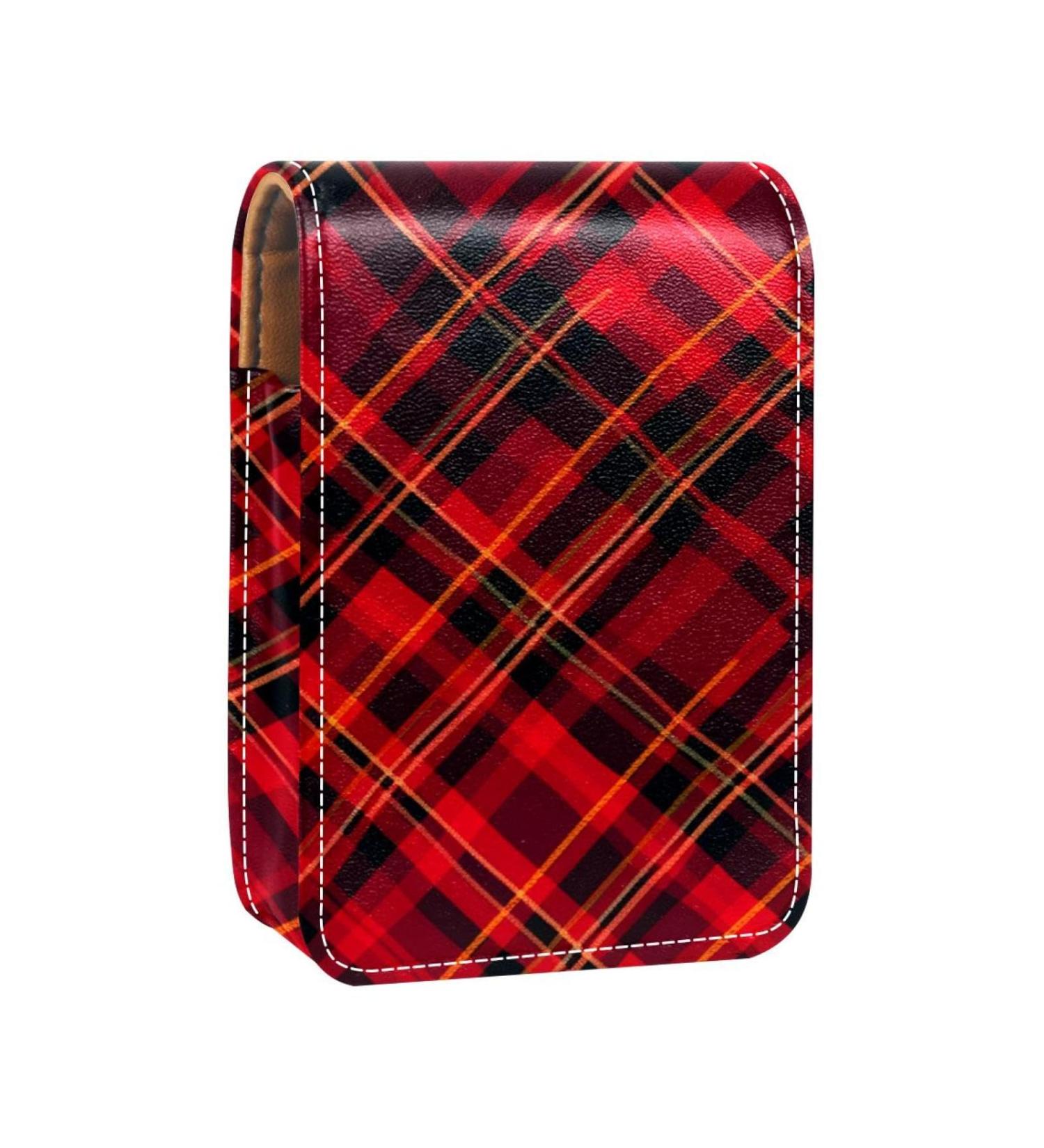 Travel Lipstick Organizer Case | Portable Makeup Bag with Mirror | Christmas Red & Dark Green Plaid Perfect for International Shipping - Buy Online on GoSupps.com