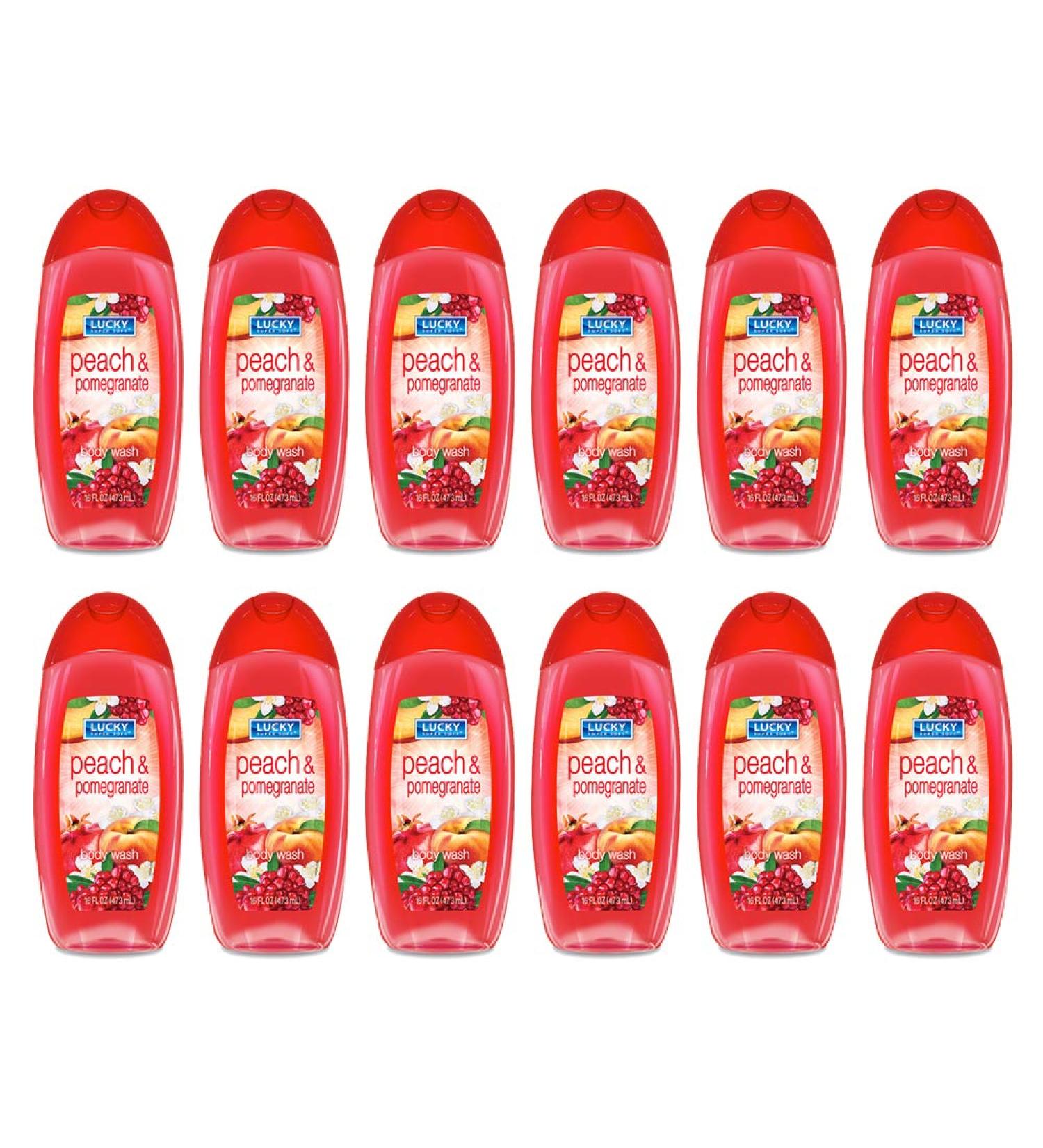 Lucky Super Soft Peach and Pomegranate Body Wash. Soothes Softens and Moisturizes your Skin. 16 fl.oz / 473 ml. Pack of 12 - Buy Online on GoSupps.com
