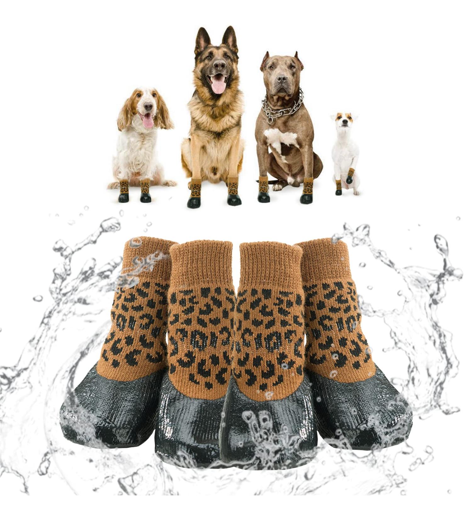 Buy Hjumarayan Waterproof Anti-Slip Dog Socks - 4 Pieces Leopard Pattern Shoes for Indoor & Outdoor Protection - Buy Online on GoSupps.com