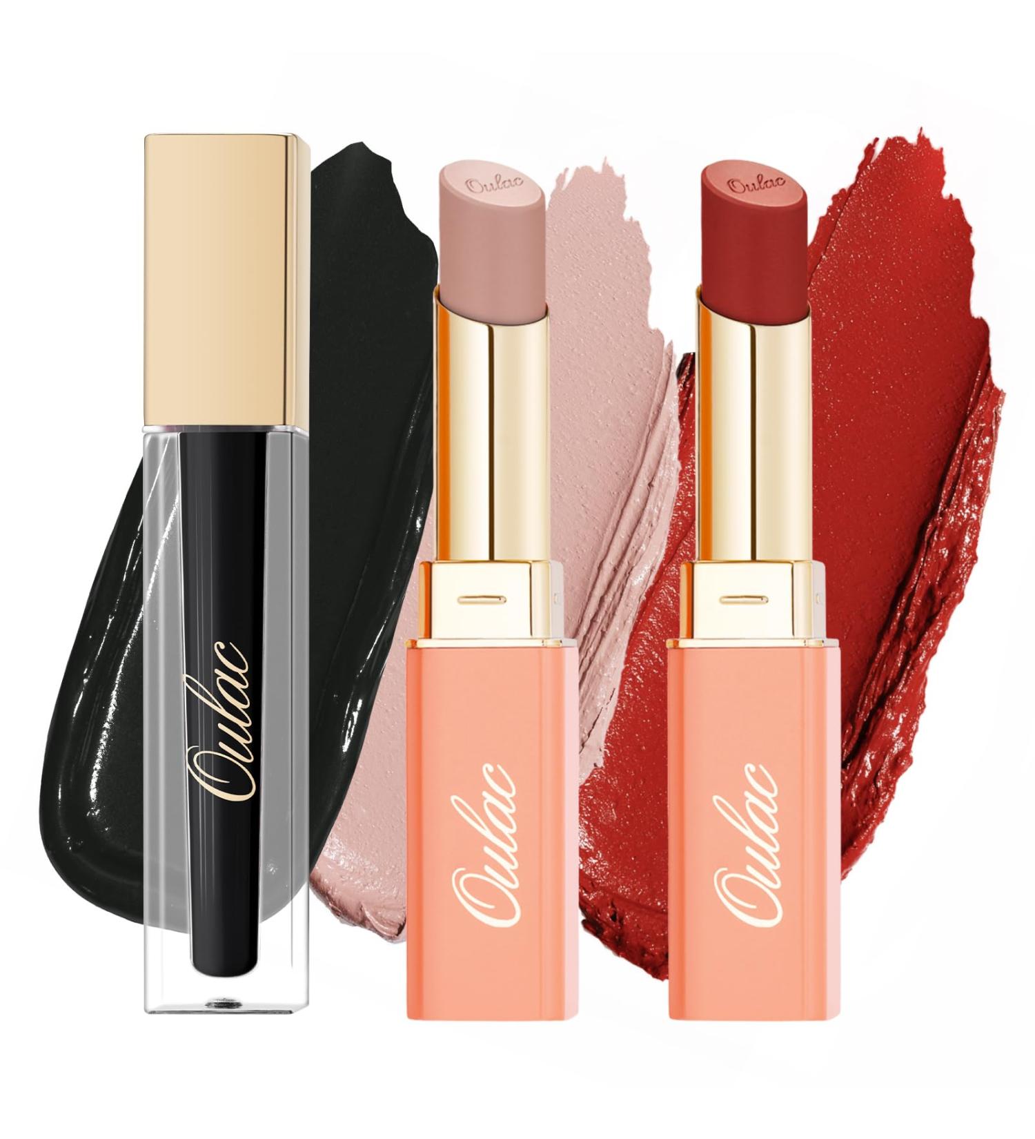 Oulac Set of 3 lipsticks matte and satin finish red and black liquid matte lipstick creamy lipstick highly pigmented long lasting vegan SG01+SG07+M23 - Buy Online on GoSupps.com