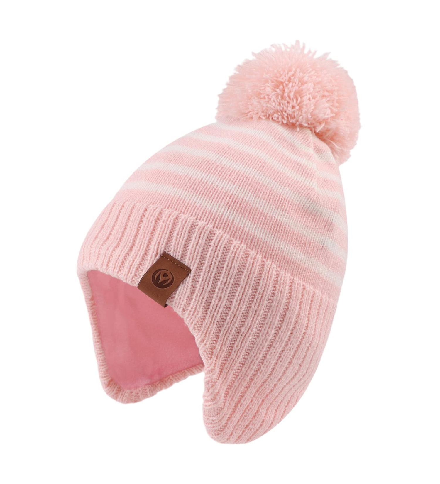 XIAOHAWANG Striped Baby Beanie Hat - Pink | Winter Knitted Warm Hat for Boys and Girls 9-24 Months - Buy Online on GoSupps.com