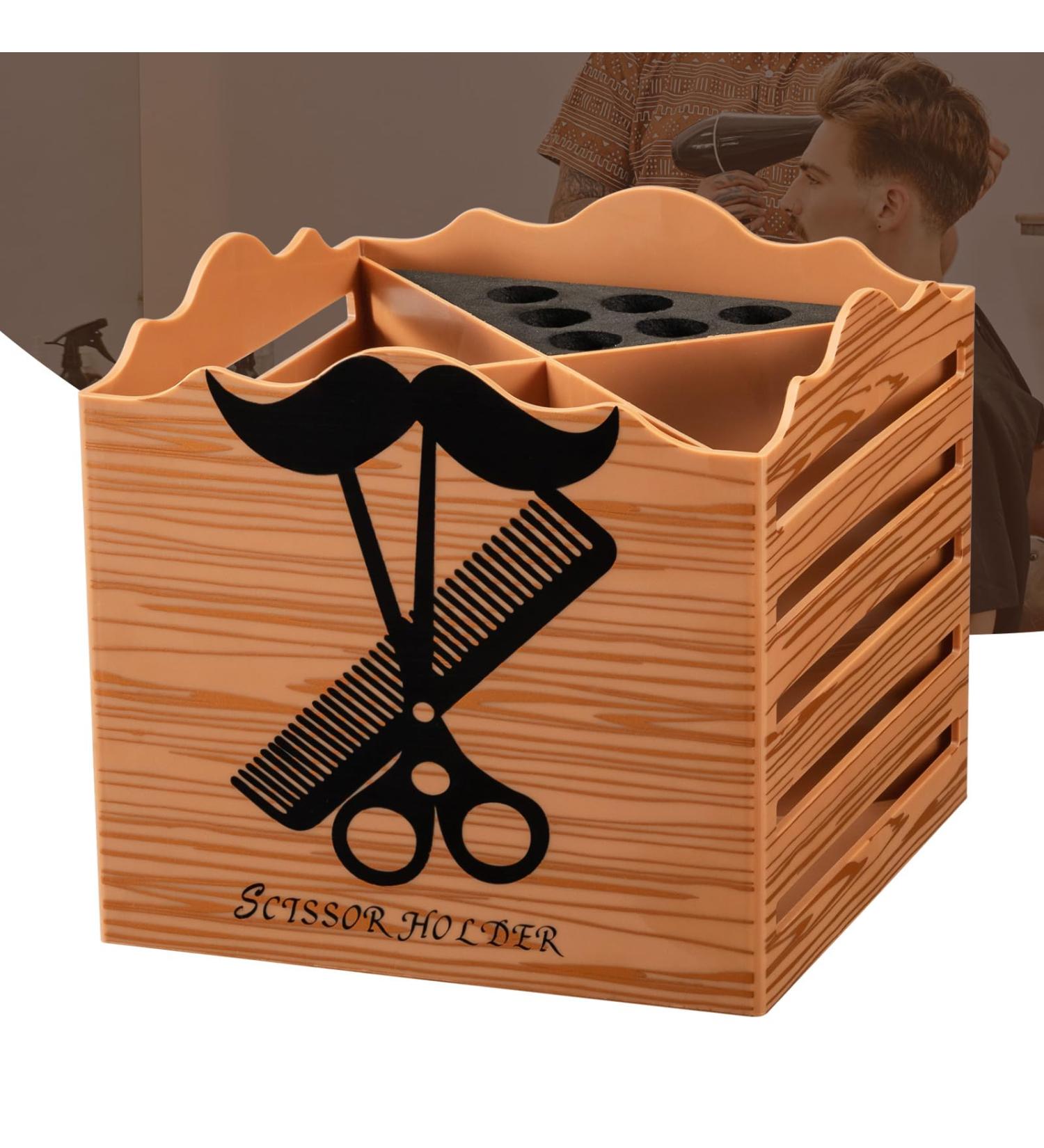Professional Salon Scissor Shear Holder Box - Brown Wooden Desktop Storage for Hairdressers & Groomers | 4-Grille Sponge Holder with Comber Clips Stand - Buy Online on GoSupps.com