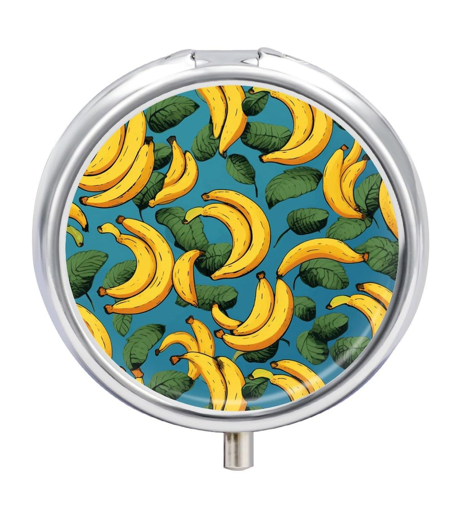 Round Pill Box with Yellow Banana Print | 3 Compartment Decorative Metal Pill Organizer | Portable Pocket Pill Case for Medicine - Buy Online on GoSupps.com