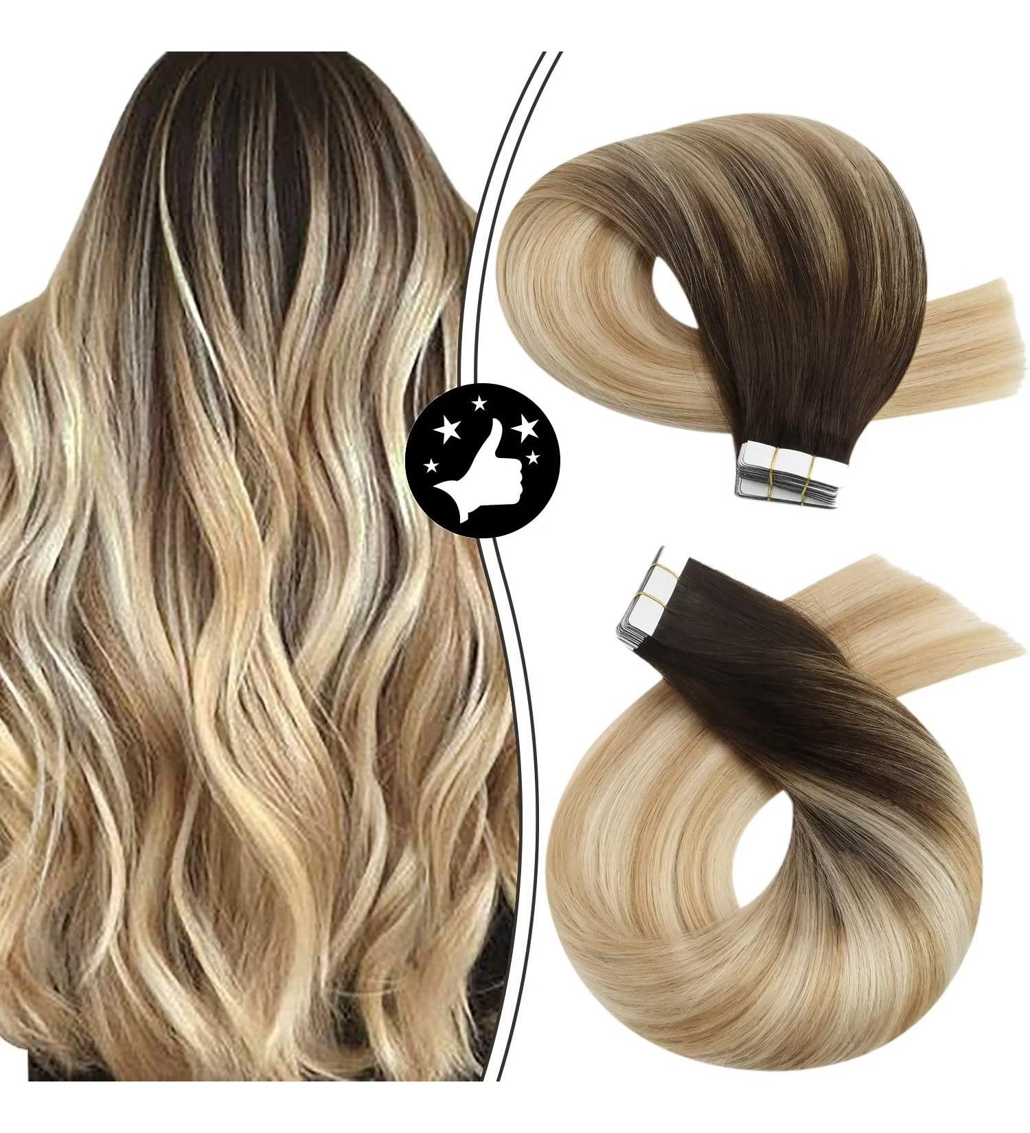 Moresoo 20 Inch Tape in Real Human Hair Extensions Brown Root Ombre to Caramel Blonde with Platinum Blonde Balayage - 20 Pcs/50g #2/27/613 - Buy Online on GoSupps.com