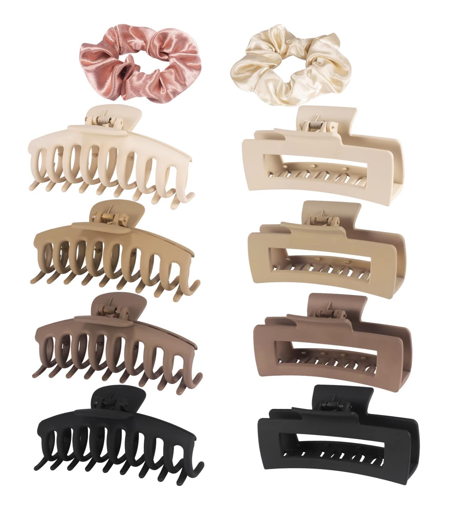 SETUPA 8 Pack Large Hair Claw Clips & 2 Silk Scrunchies - Strong Hold Jaw Clips for Women and Girls - Neutral Colors - 4.3 Inch Square Hair Claws - Buy Online on GoSupps.com