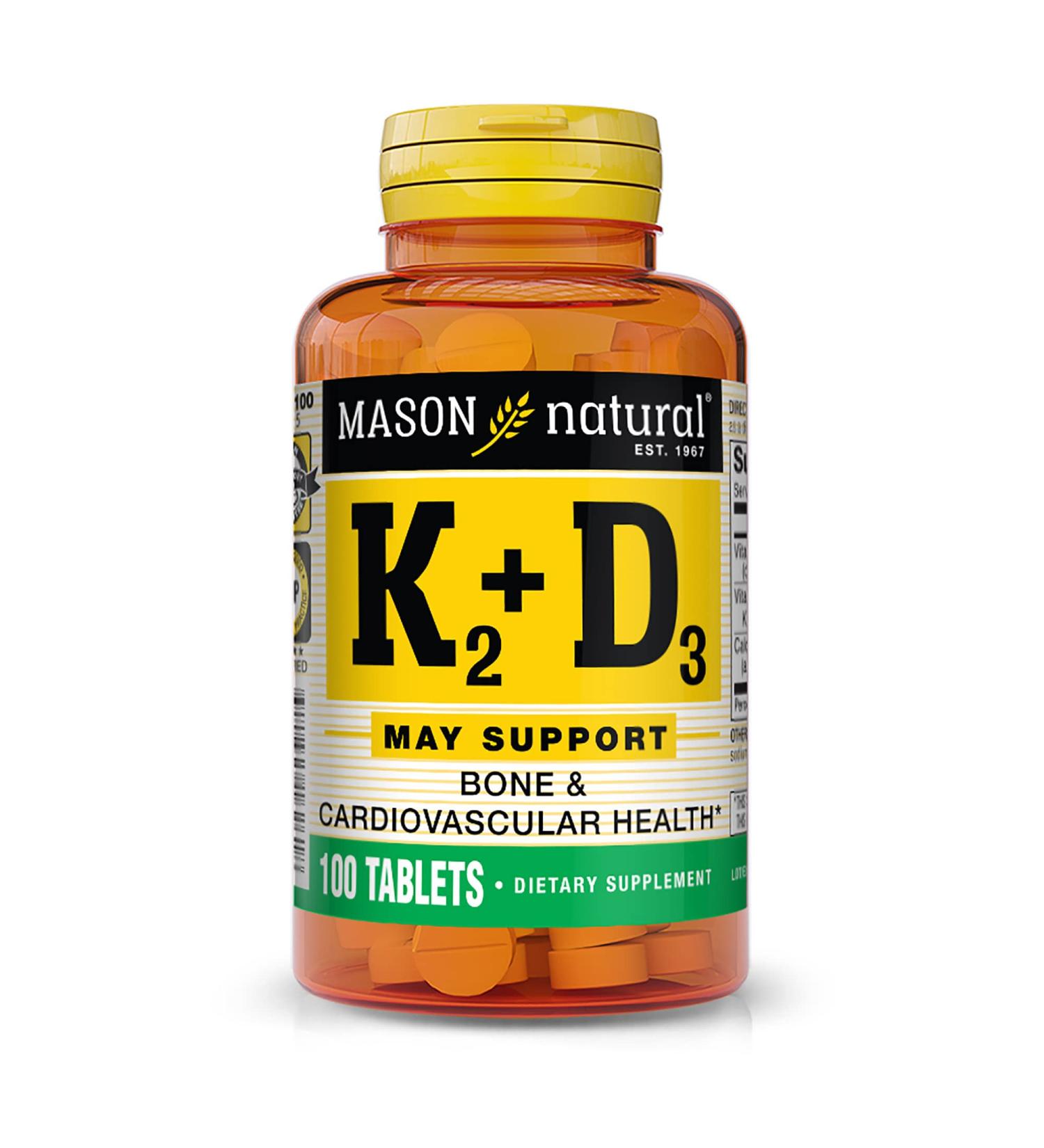 MASON NATURAL Vitamin K2 100 mcg + D3 for Bone, Cardiovascular & Muscle Health - 100 Tablets - Buy Online on GoSupps.com