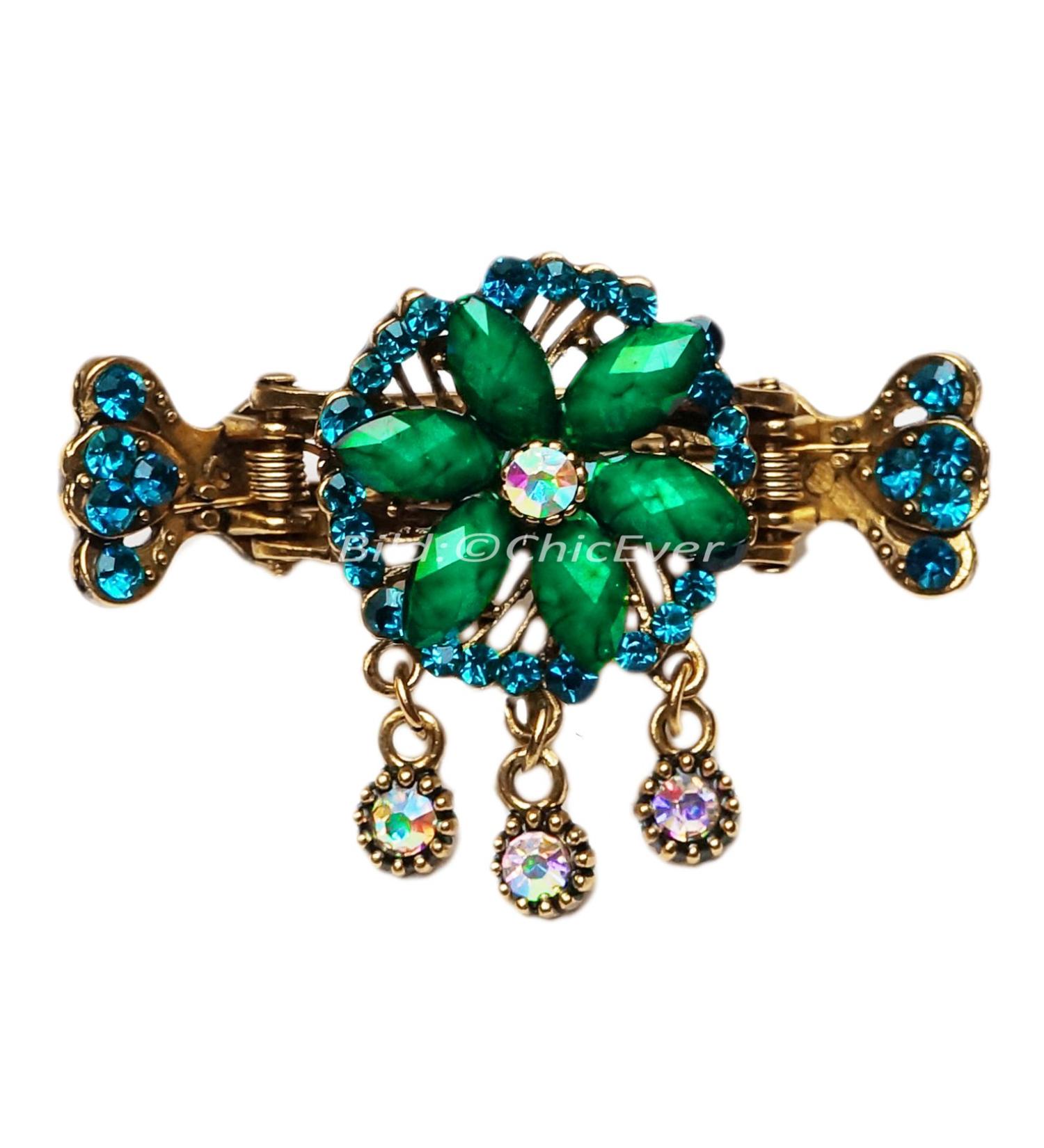 Beautiful hair clip flower vintage look made of metal rhinestones & acrylic green gold 8123