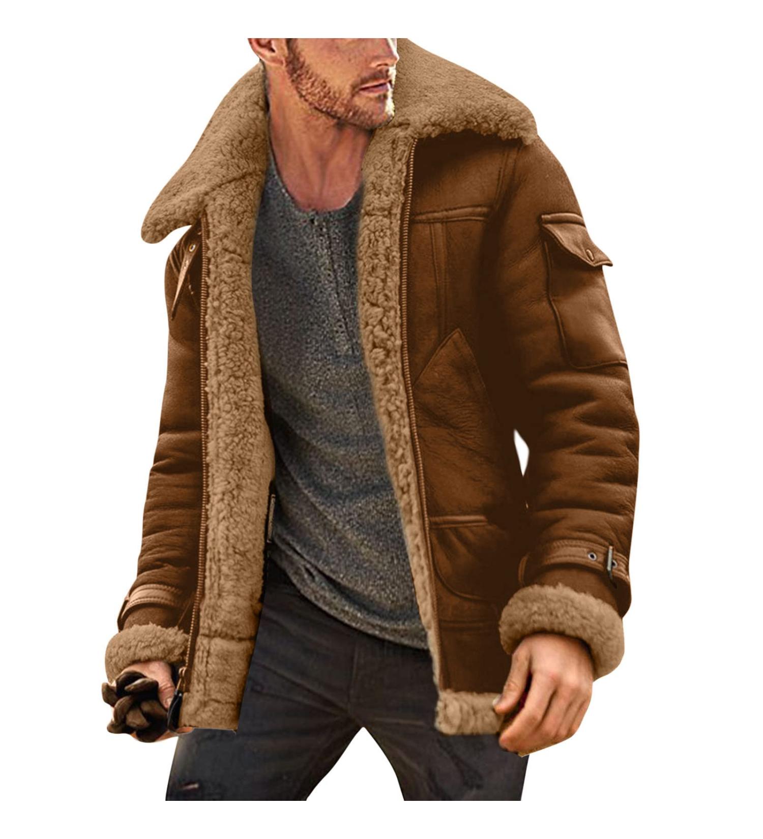Shop Hanxiulin Oversized Men's Plush Fleece Jacket - Warm Lined Quilted Outdoor Hoodies in Khaki - Buy Online on GoSupps.com