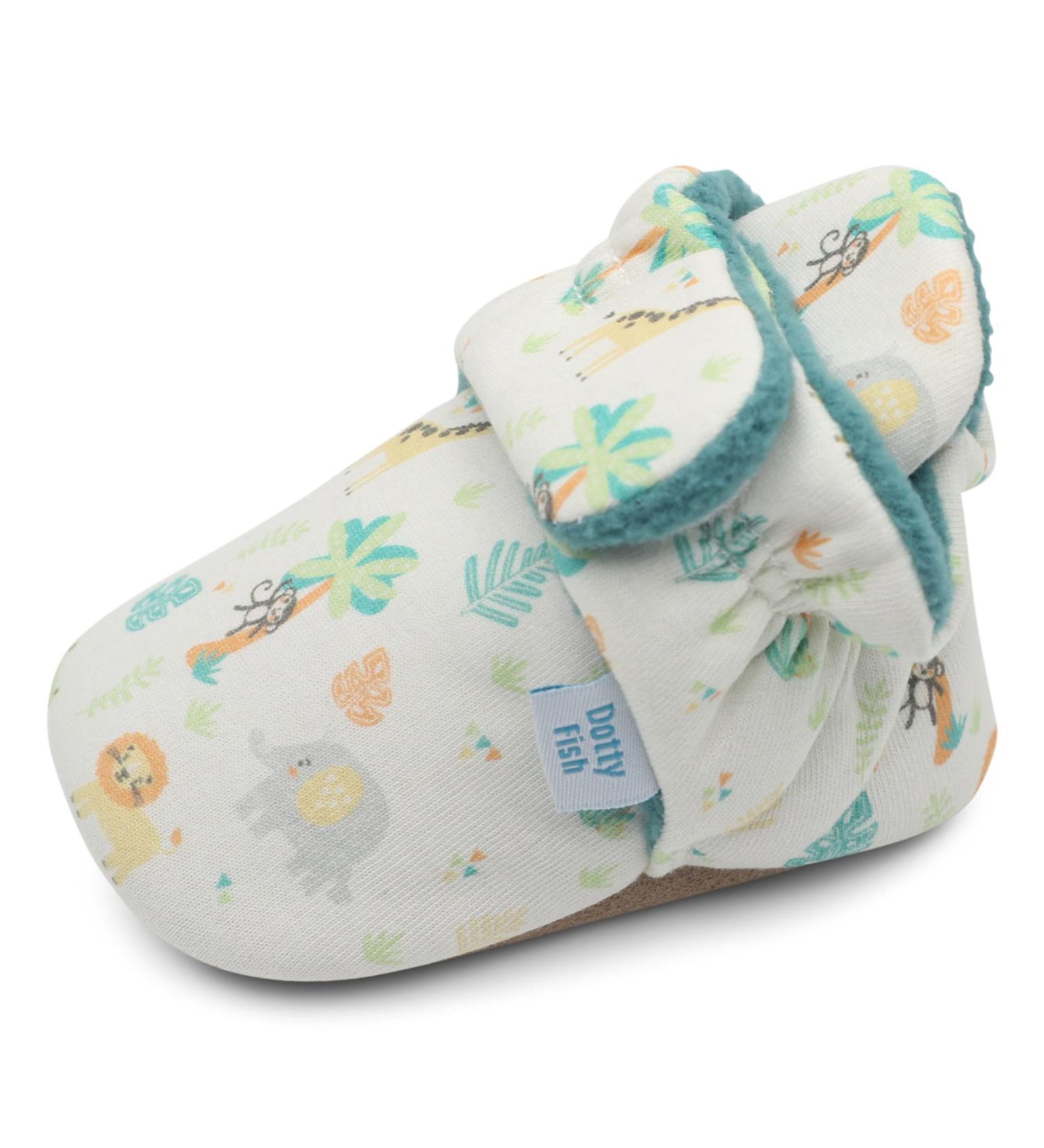 Dotty Fish Cotton Baby Booties with Suede Sole - Teal Fleece Safari Animals, 0-6 Months - Buy Online on GoSupps.com