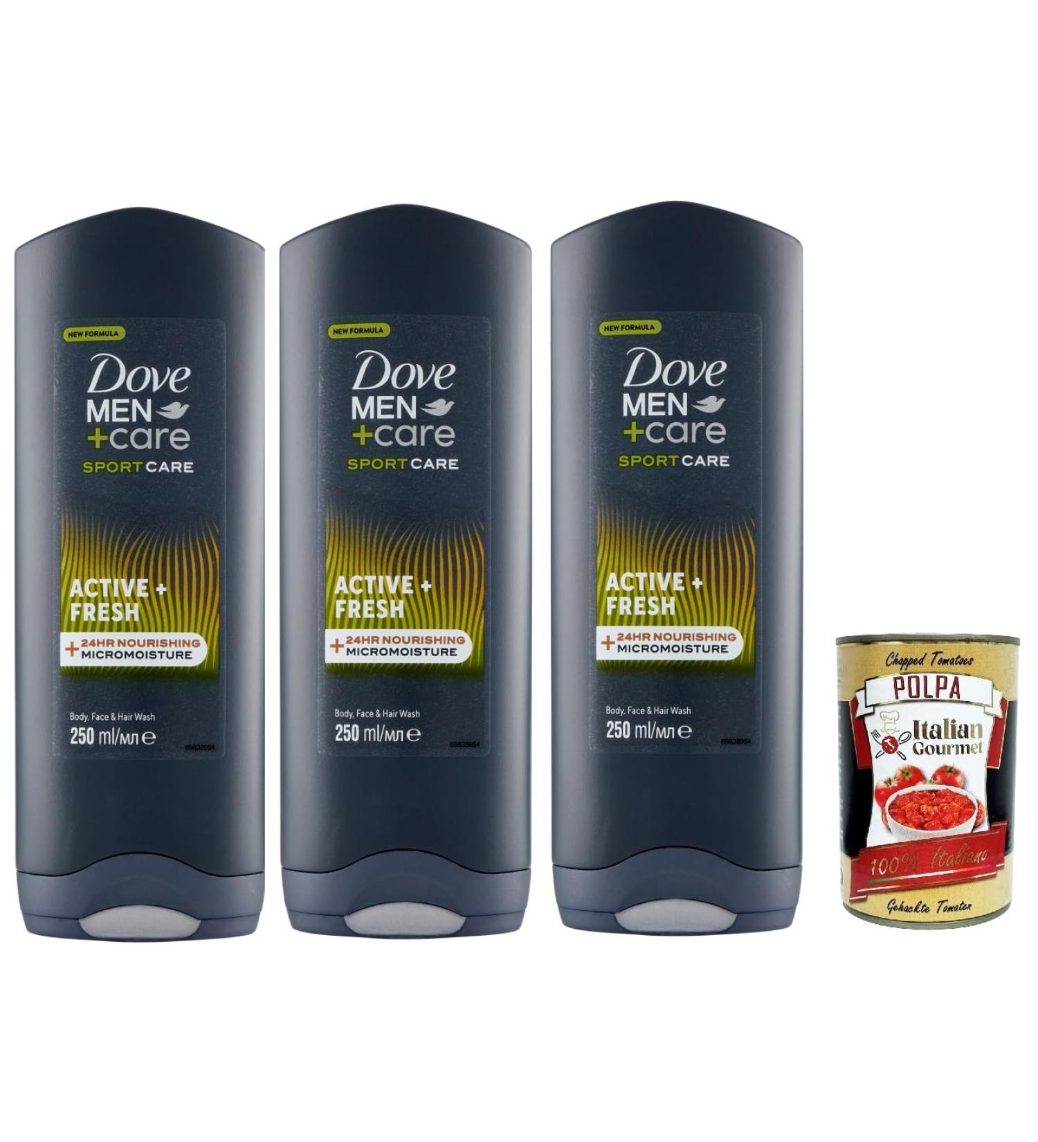  Italian Gourmet E.R. Dove Men+Care 3 in 1 Shower Gel Sport Care Active + Bath Shower for Body Face and Hair with 24-Hour Care Effect 3 x 250 ml + Polpa Italian Gourmet 400 g - Buy Online on GoSupps.com