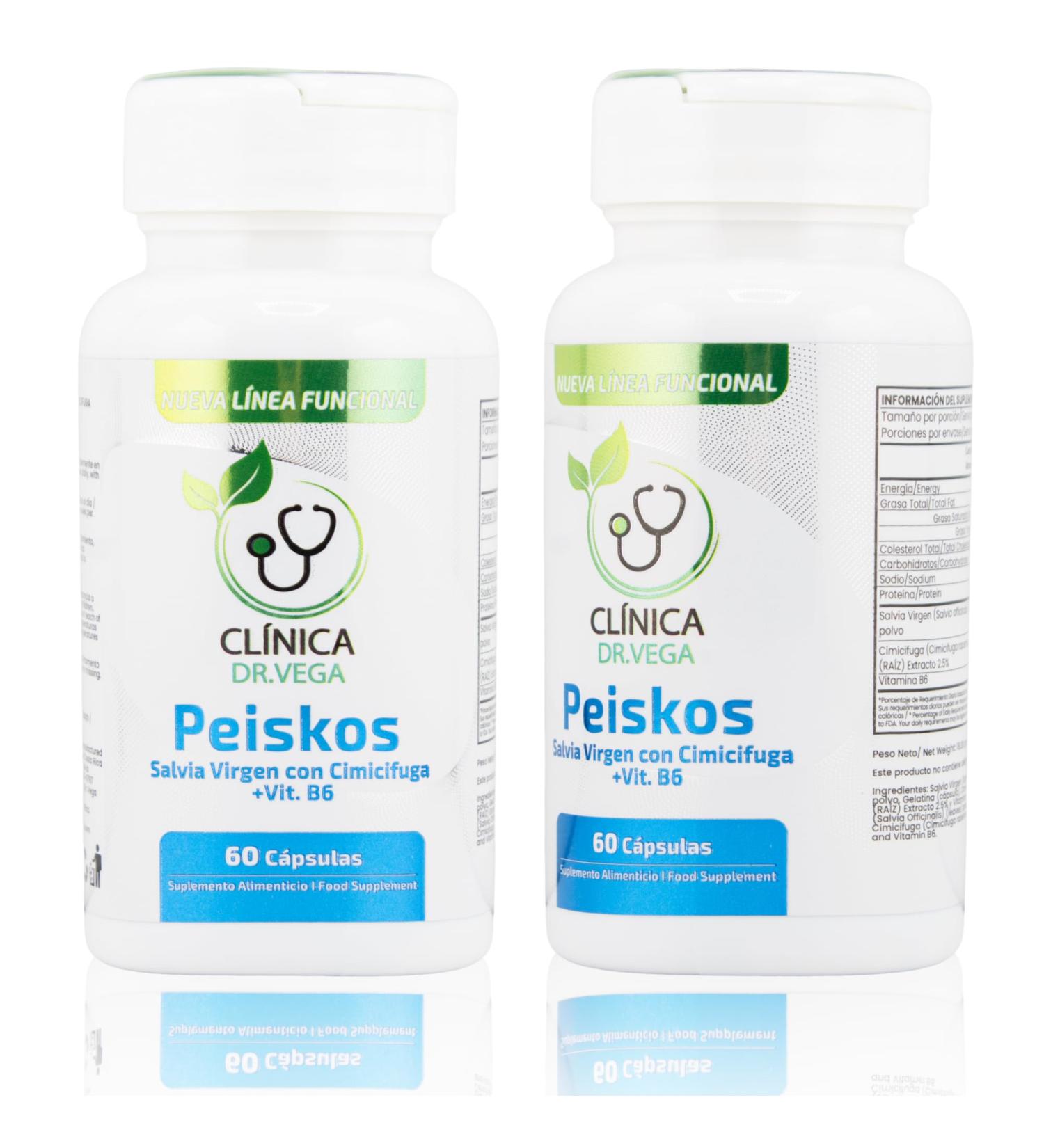 CLINICA DR. Vega | Peiskos | Sage Leaf + Black Cohosh Extract with Vitamin B6 | Supports Hormonal Balance Menstrual Comfort & Menopausal Wellness | 60 Capsules | Gluten-Free Allergen-Free (500 mg)