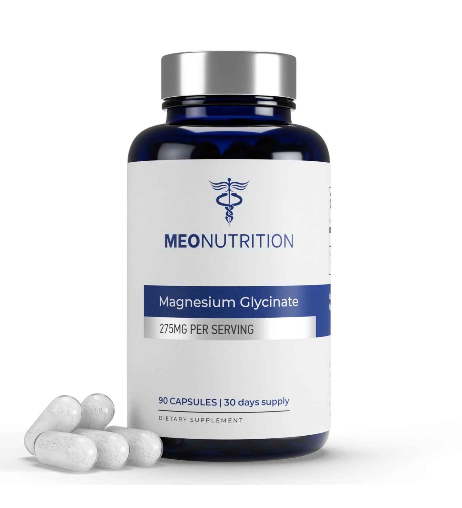 Meo Nutrition Magnesium Glycinate 275mg per Serving | 90 Vegan Capsules | Non-GMO Gluten-Free Gentle on Digestion | Supports Sleep Heart & Bone Health | Made in USA - Buy Online on GoSupps.com
