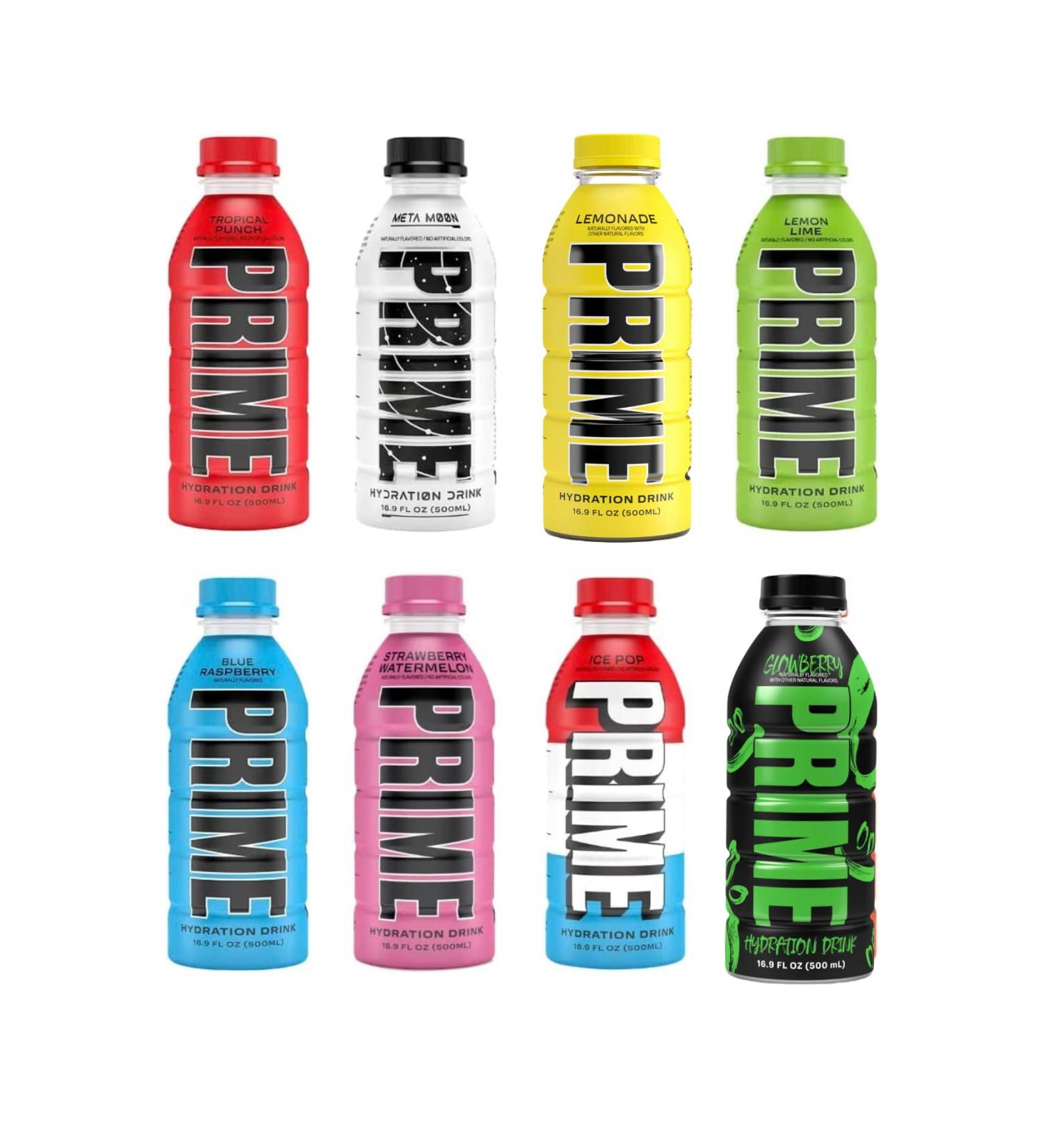 8 of the Best Flavours Prime Hydration Glowberry Lemonade Strawberry Watermelon Meta Moon Ice Pop Tropical Punch Blue Raspberry & Lemon Lime (16.9Oz Each - 8 Pack - 8 Flavours) - Buy Online on GoSupps.com