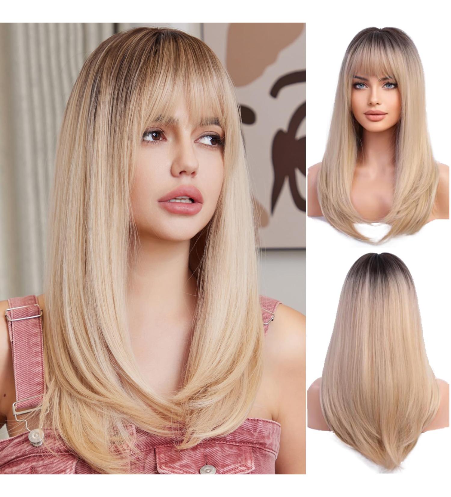 Oefei Long Straight Blonde Wig with Bangs & Dark Roots - 19 Synthetic Hair Wig for Women - Perfect for Daily Wear Parties & Cosplay - Buy Online on GoSupps.com