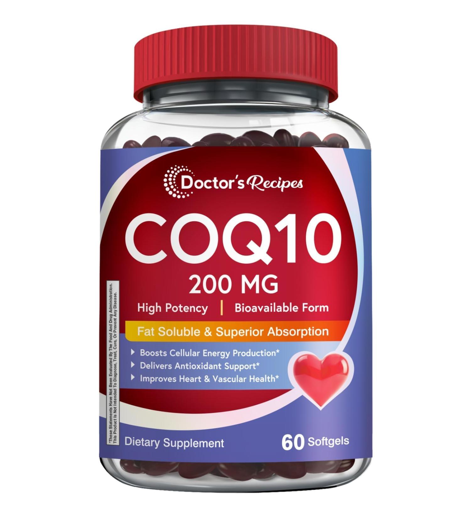 Doctor's Recipes CoQ10 200mg 60 Softgels Highly Absorbable Coenzyme Q10 Antioxidant Support & Cellular Energy Boost Improves Heart Vascular & Muscle Health Non-GMO No Gluten Dairy - Buy Online on GoSupps.com